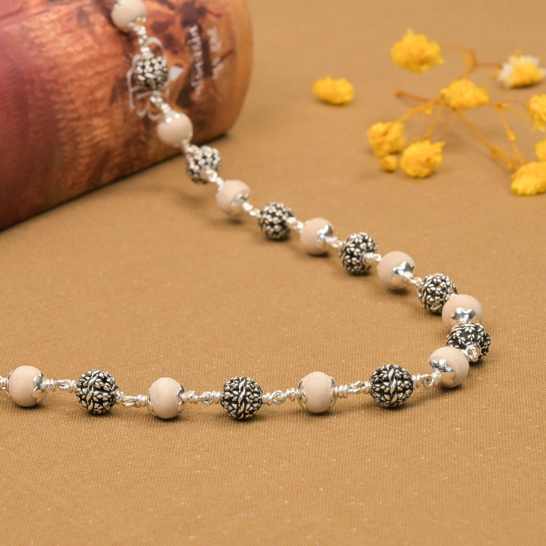 Tulsi With Flower Silver Beads Mala