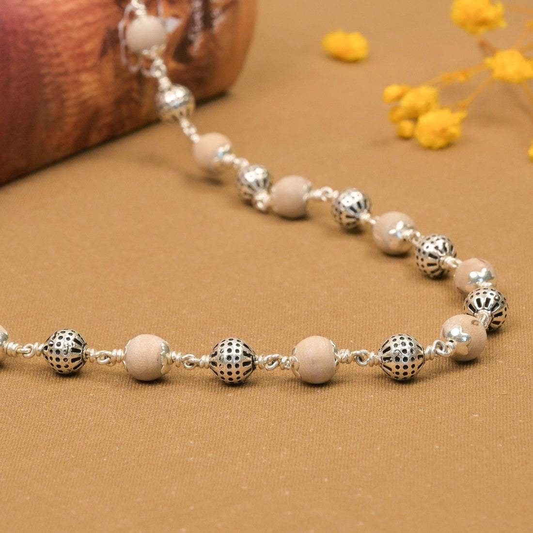 Tulsi With New Round Silver Beads Mala