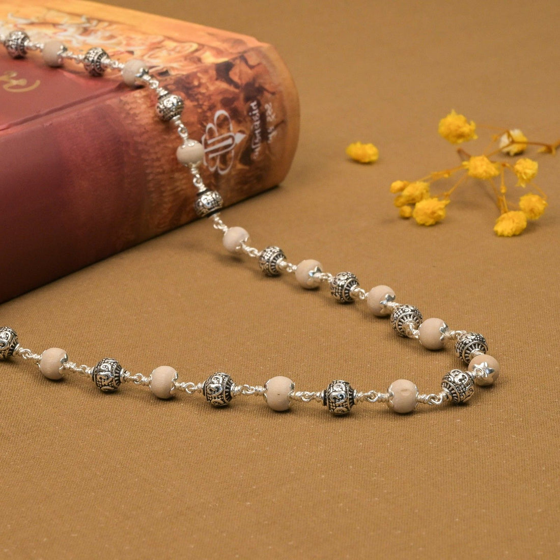Om Silver Beads With Tulsi Mala