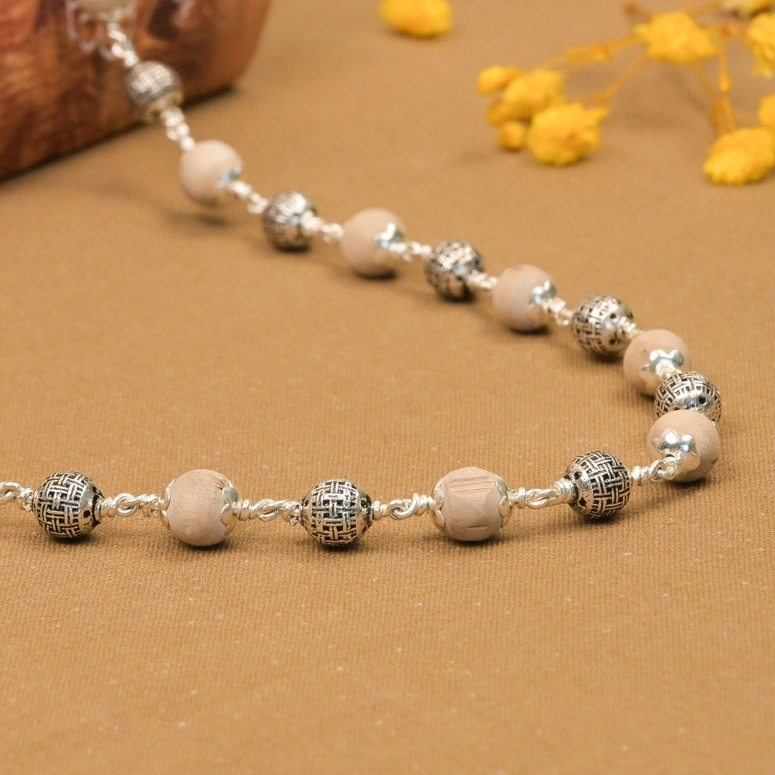 Tulsi With Heavy Silver Beads Mala