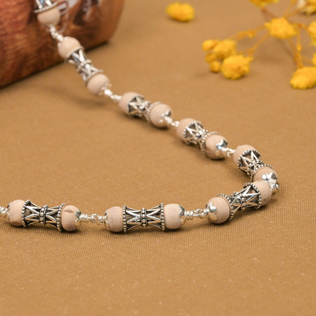 Tulsi With Damru Silver Beads Mala