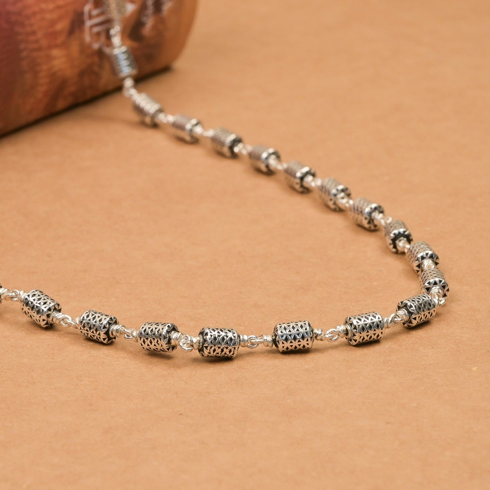 Oval Filigree Silver Beads Mala