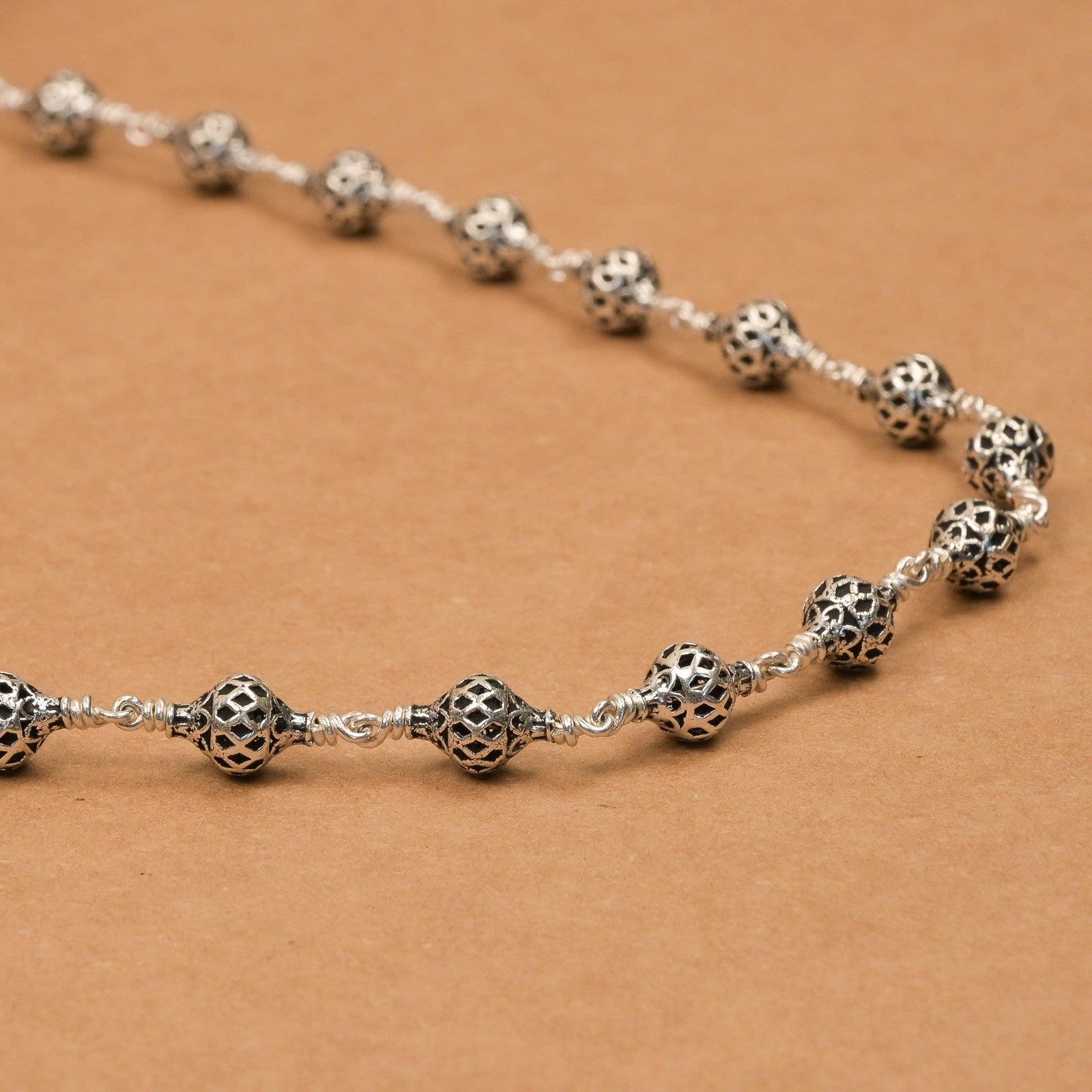 Ornate Sphere Silver Beads Mala