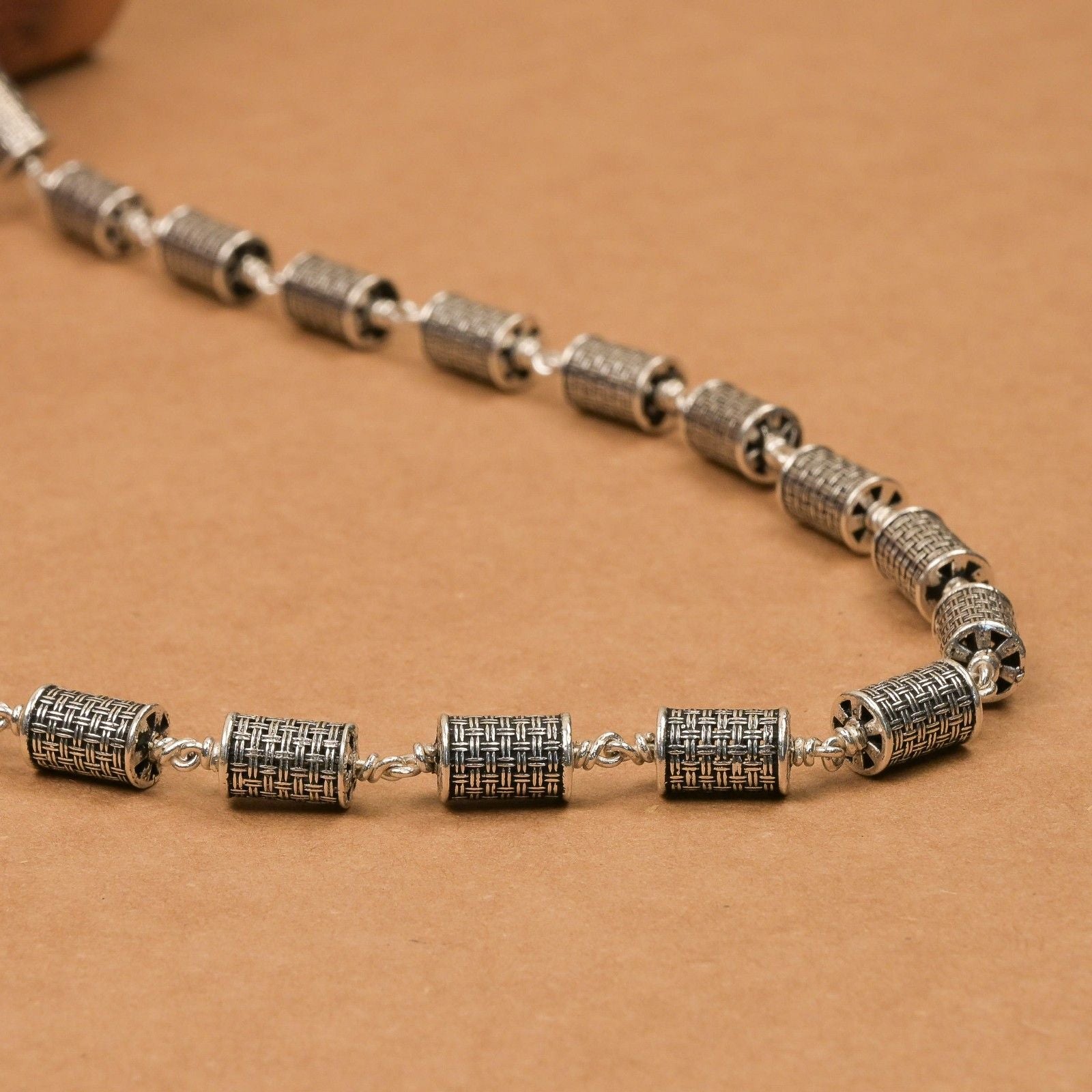 Cylindrical Silver Beads Mala