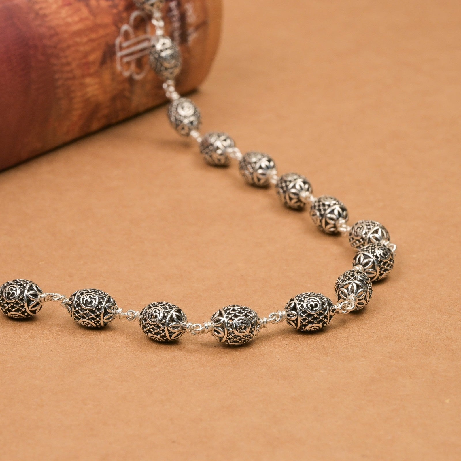Ovel Om Silver Beads Mala