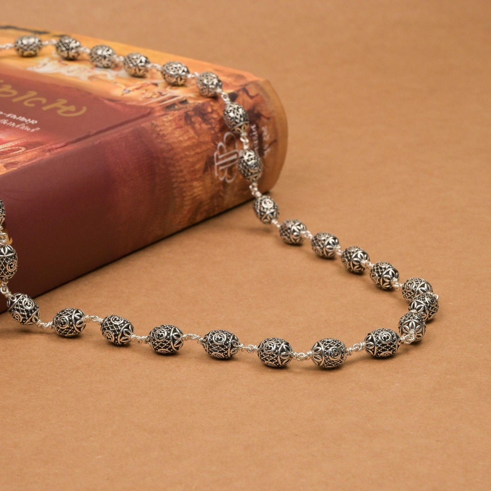 Ovel Om Silver Beads Mala