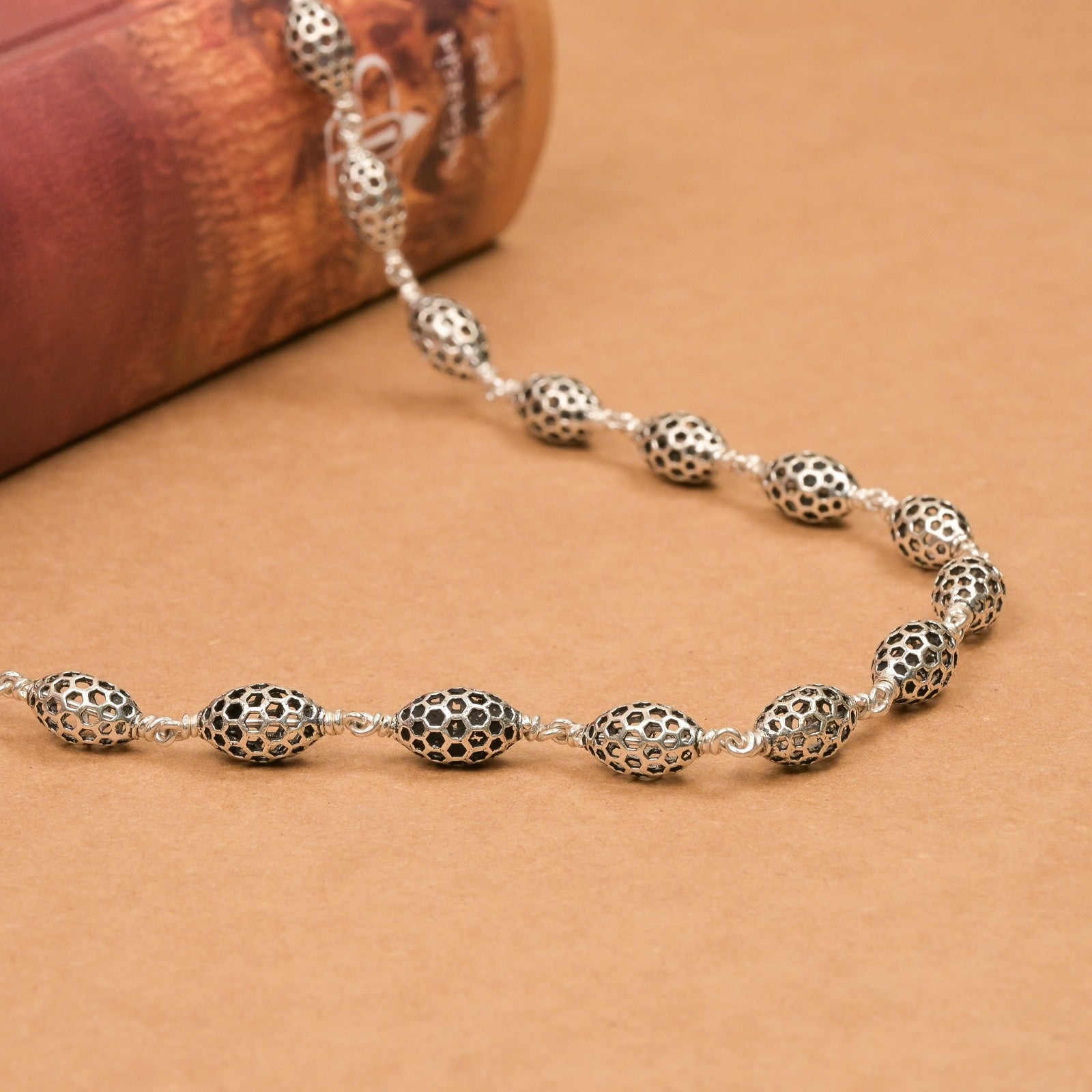 Perforated Oval Silver Beads Mala