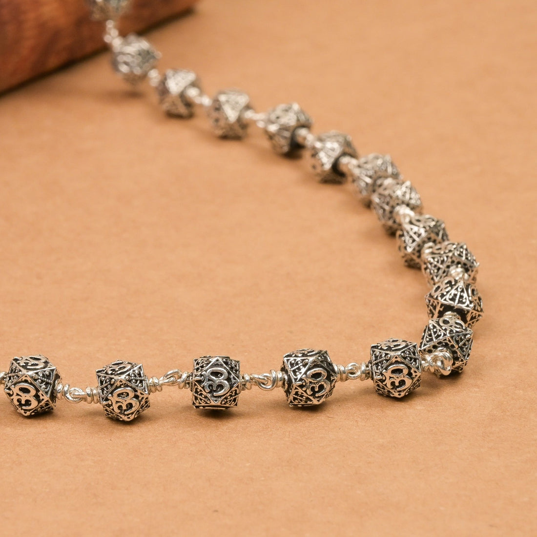 Hexagon Om Silver Beads Mala