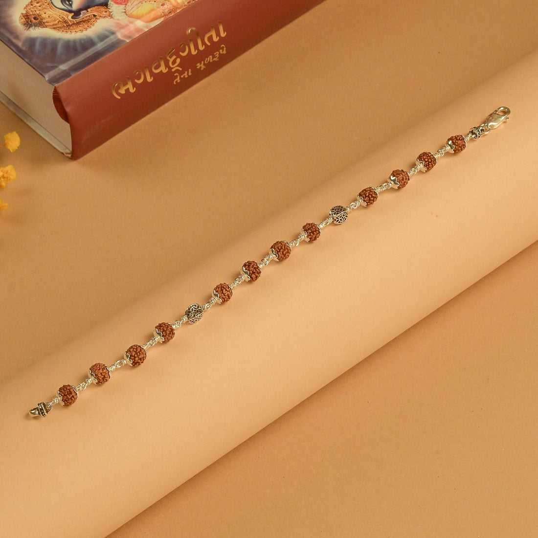 Rudraksha With Hollow Circular Silver Beads Bracelet