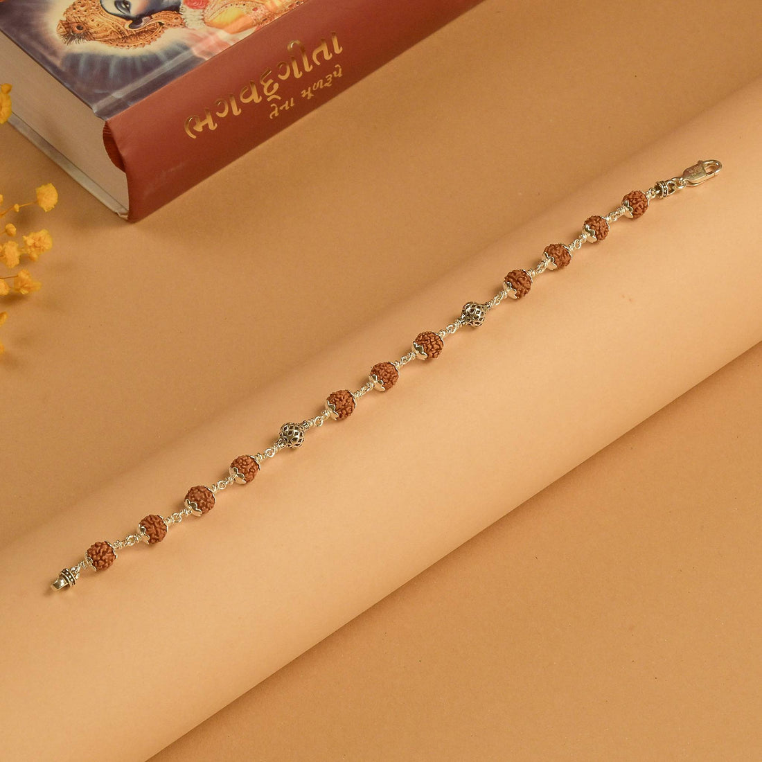 Rudraksha With Hollow Mesh Silver Beads Bracelet