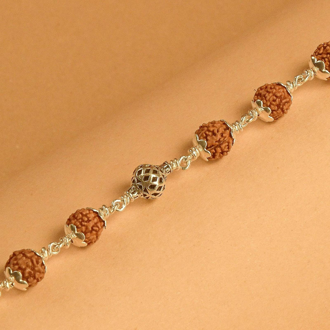 Rudraksha With Hollow Mesh Silver Beads Bracelet