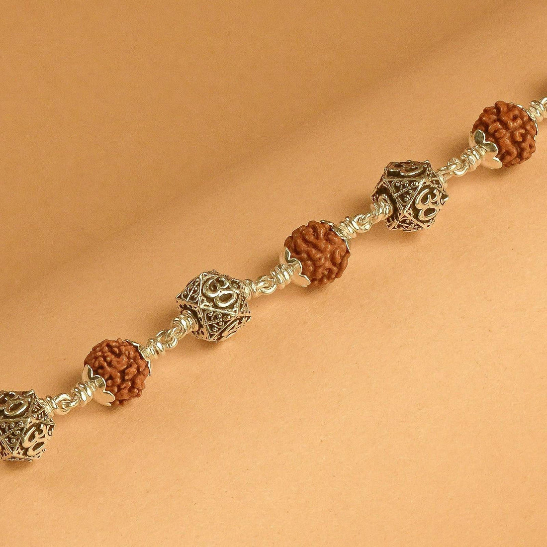 Rudraksha with Hexagon Silver Beads Bracelet