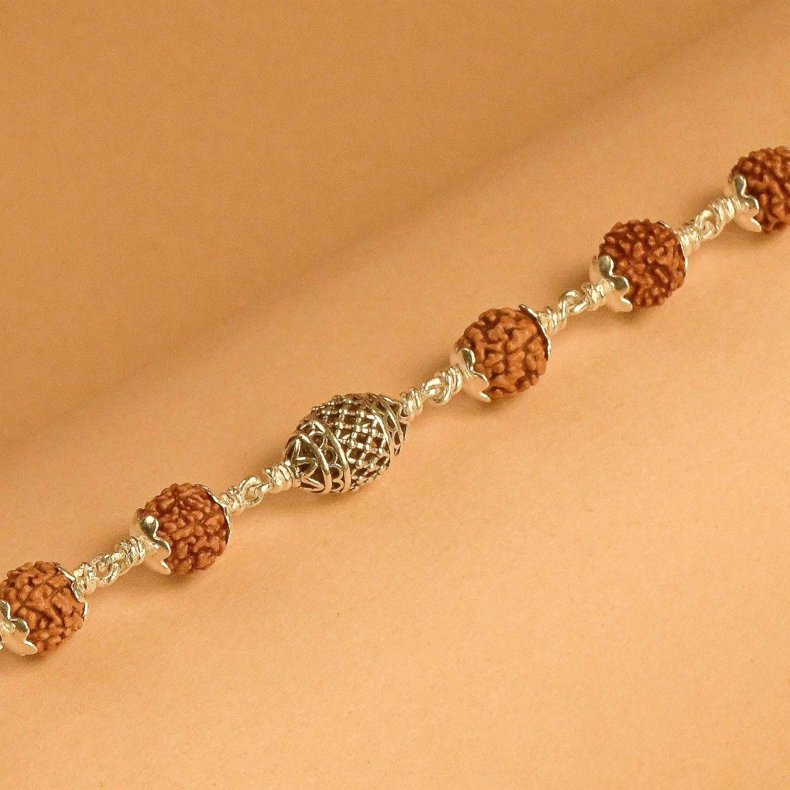 Rudraksha With Cylindrical Silver Beads Bracelet
