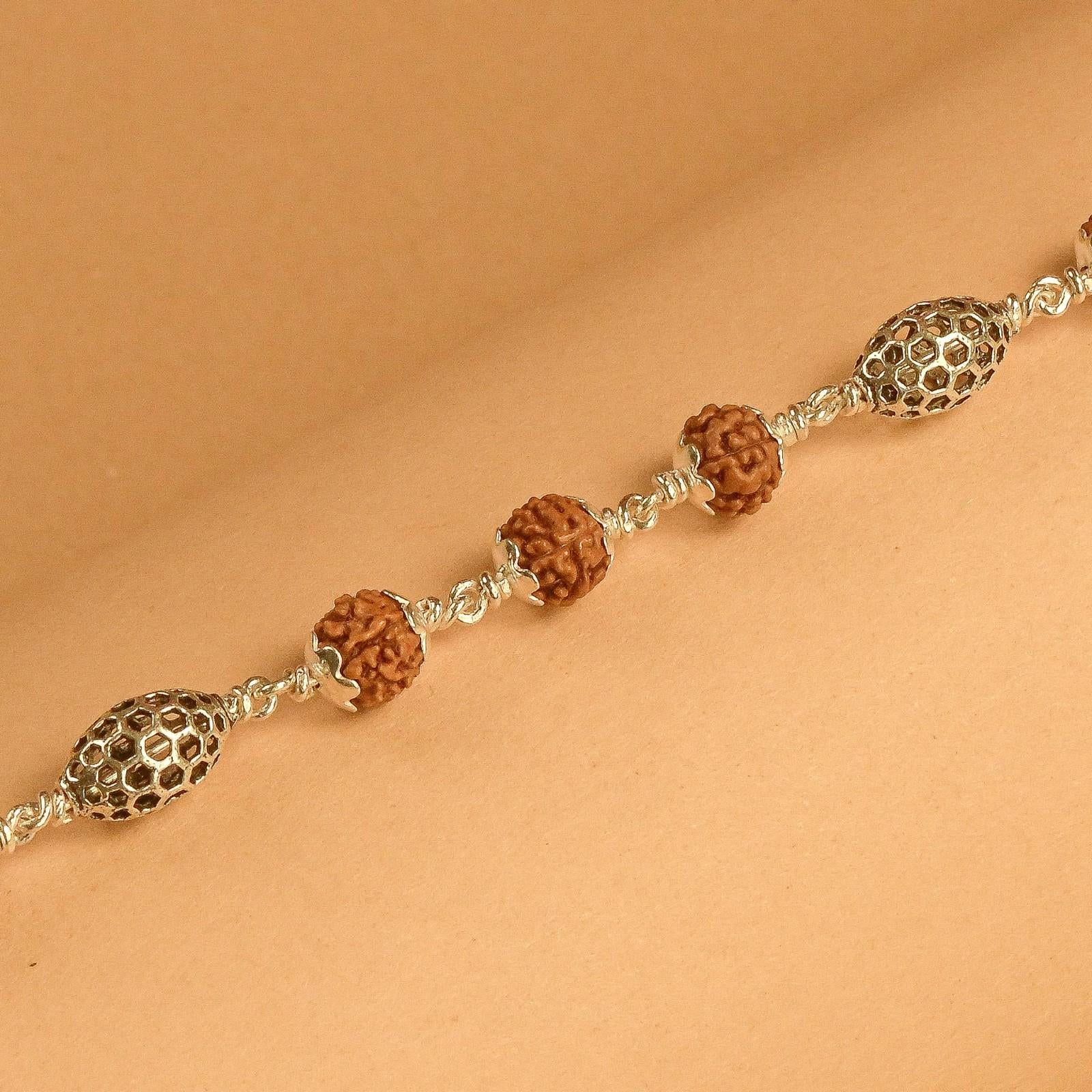 Rudraksha Bracelet with Hollow Oval Silver Beads