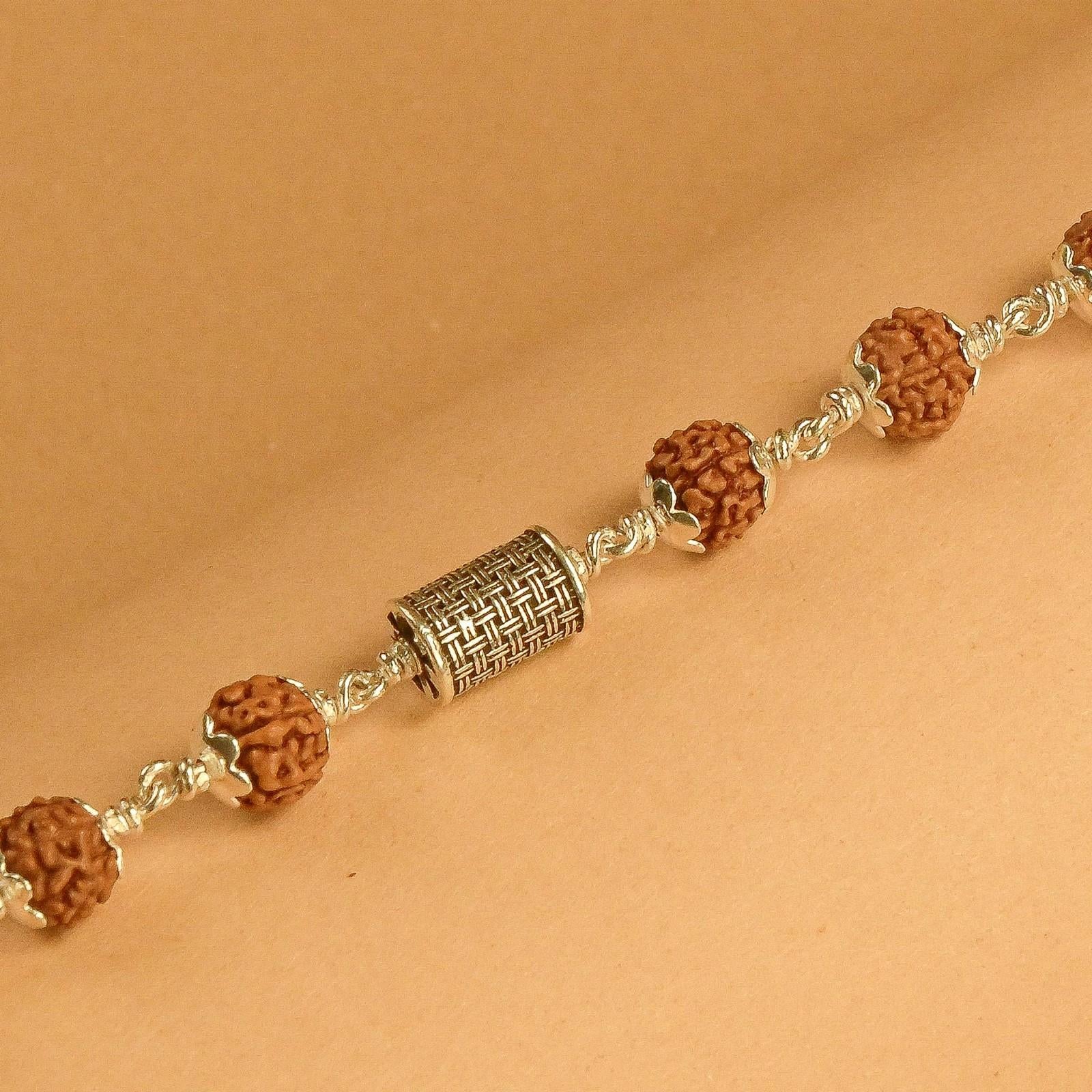 Rudraksha and Cylindrical Silver Beads Bracelet