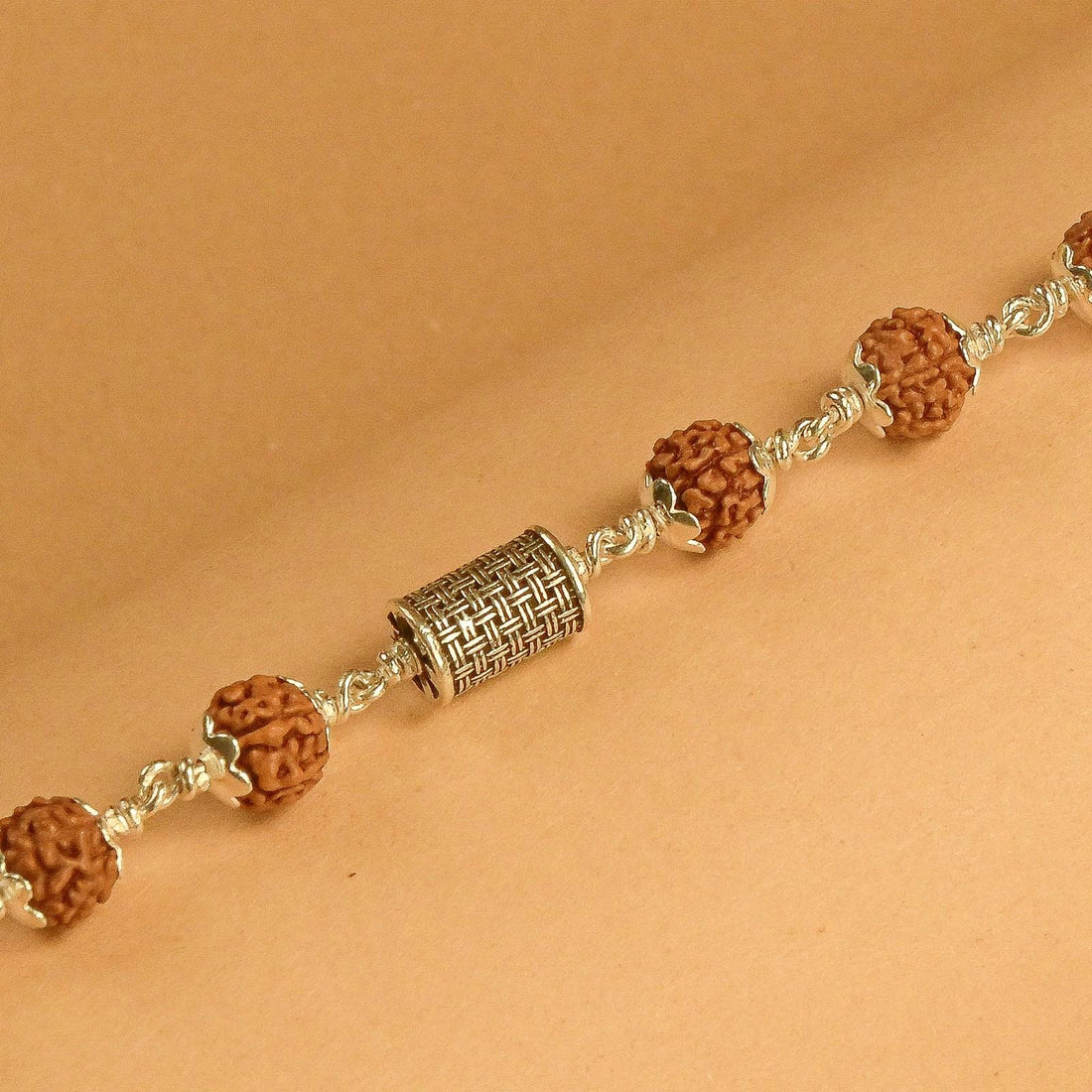 Rudraksha and Cylindrical Silver Beads Bracelet