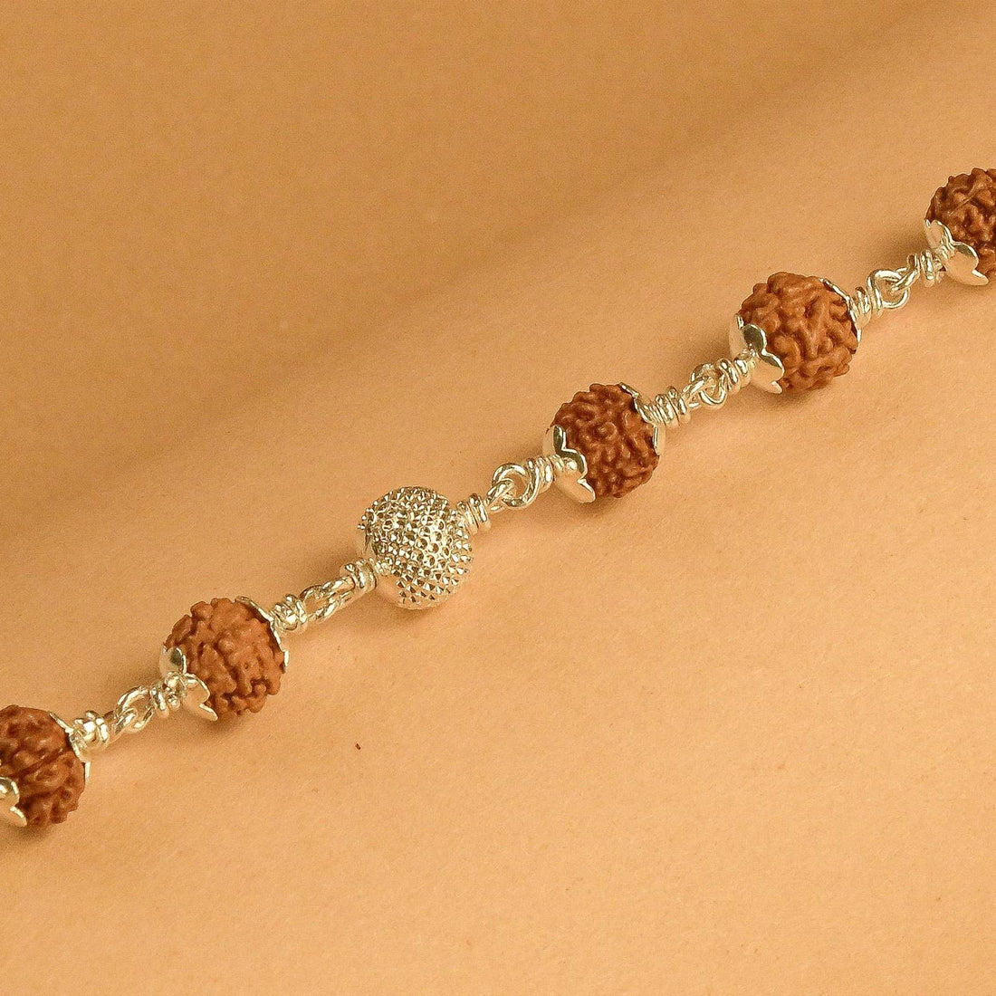 Rudraksha Bracelet with Textured CNC Silver Bead