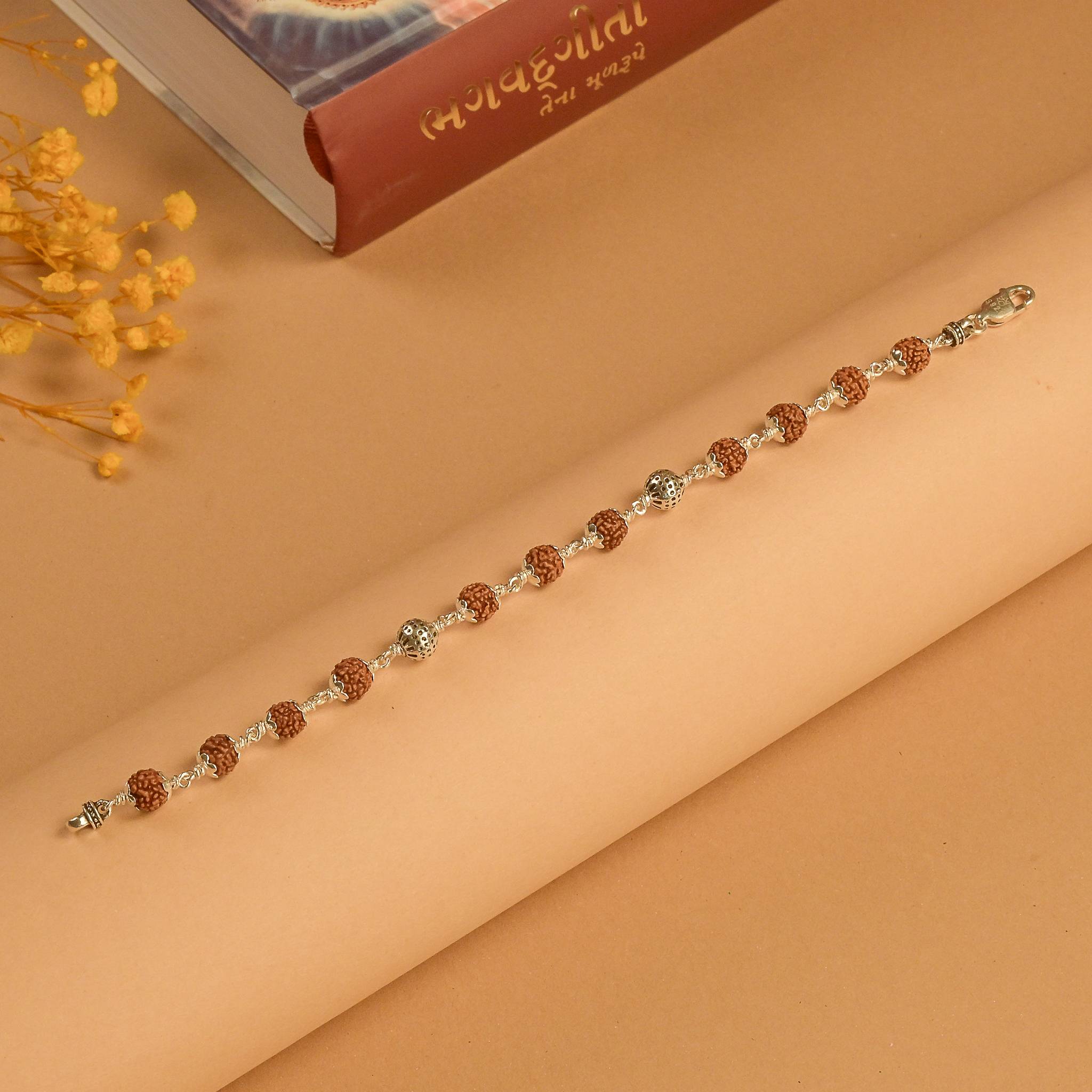 Rudraksha With Round Beads Silver Bracelet