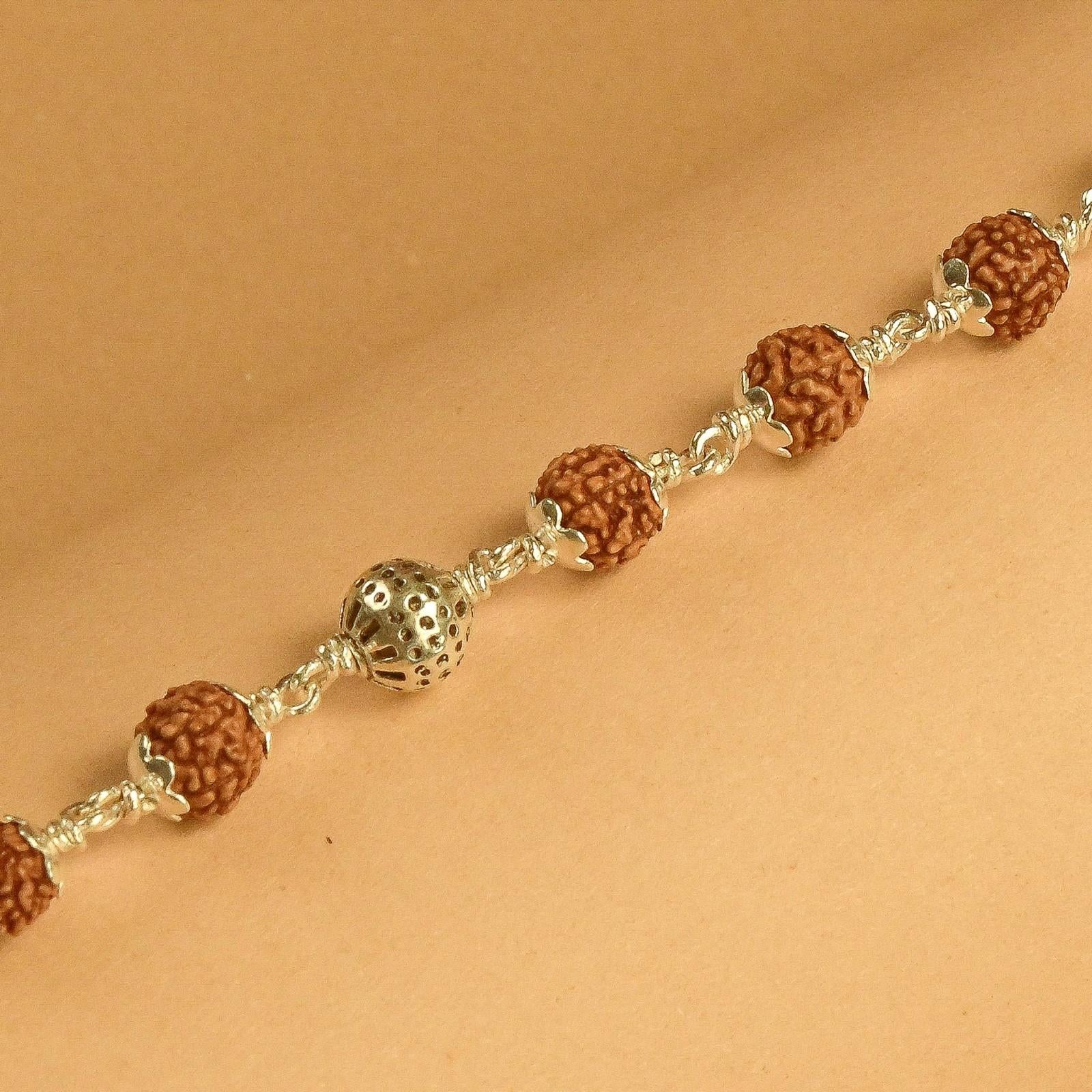 Rudraksha With Round Beads Silver Bracelet