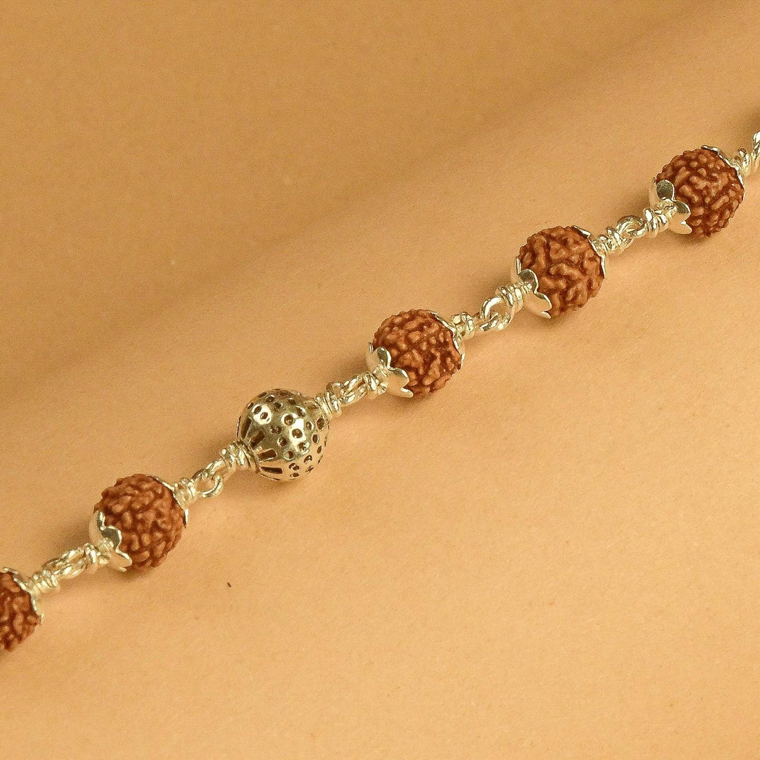 Rudraksha With Round Beads Silver Bracelet