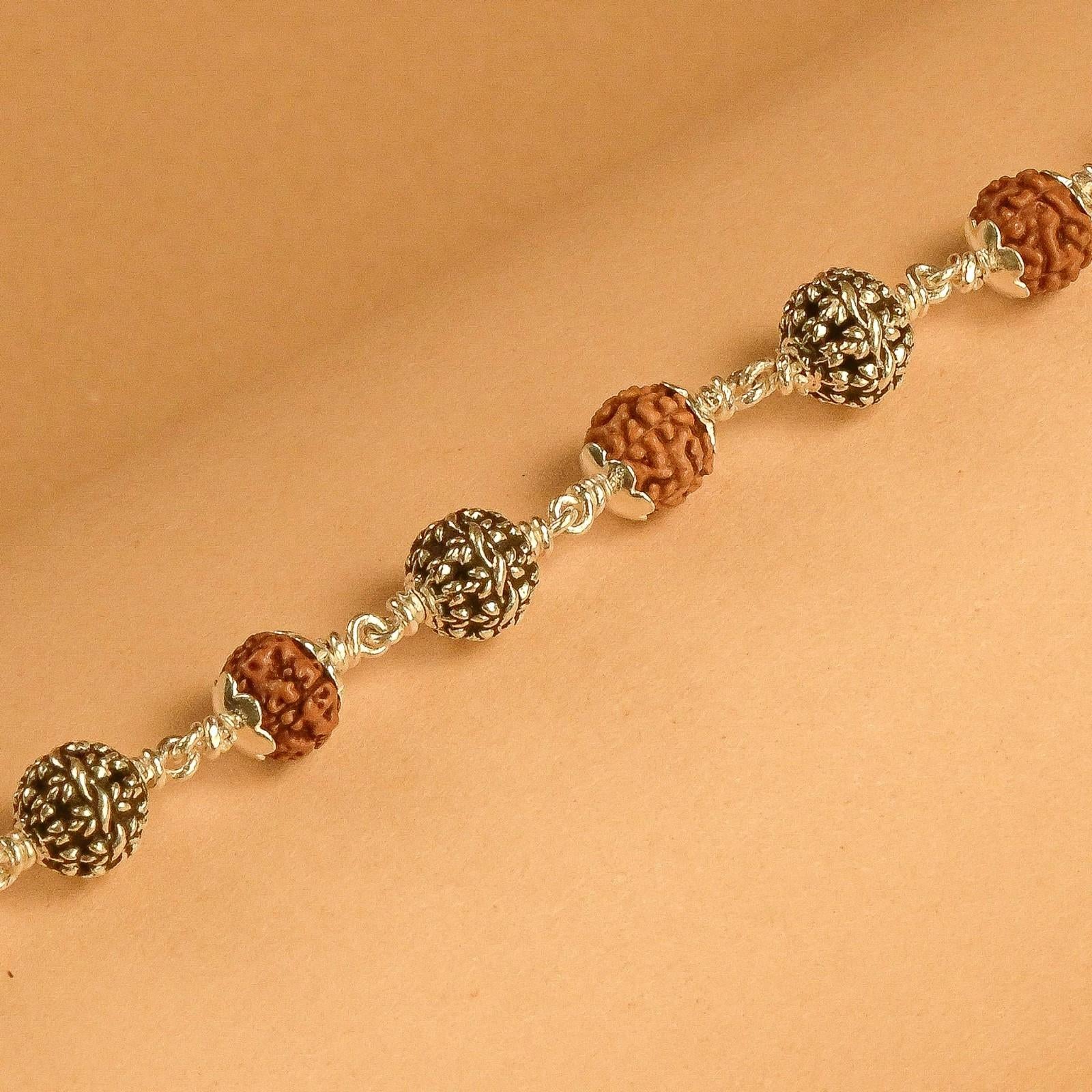 Rudraksha with Flower Silver Beads Bracelet