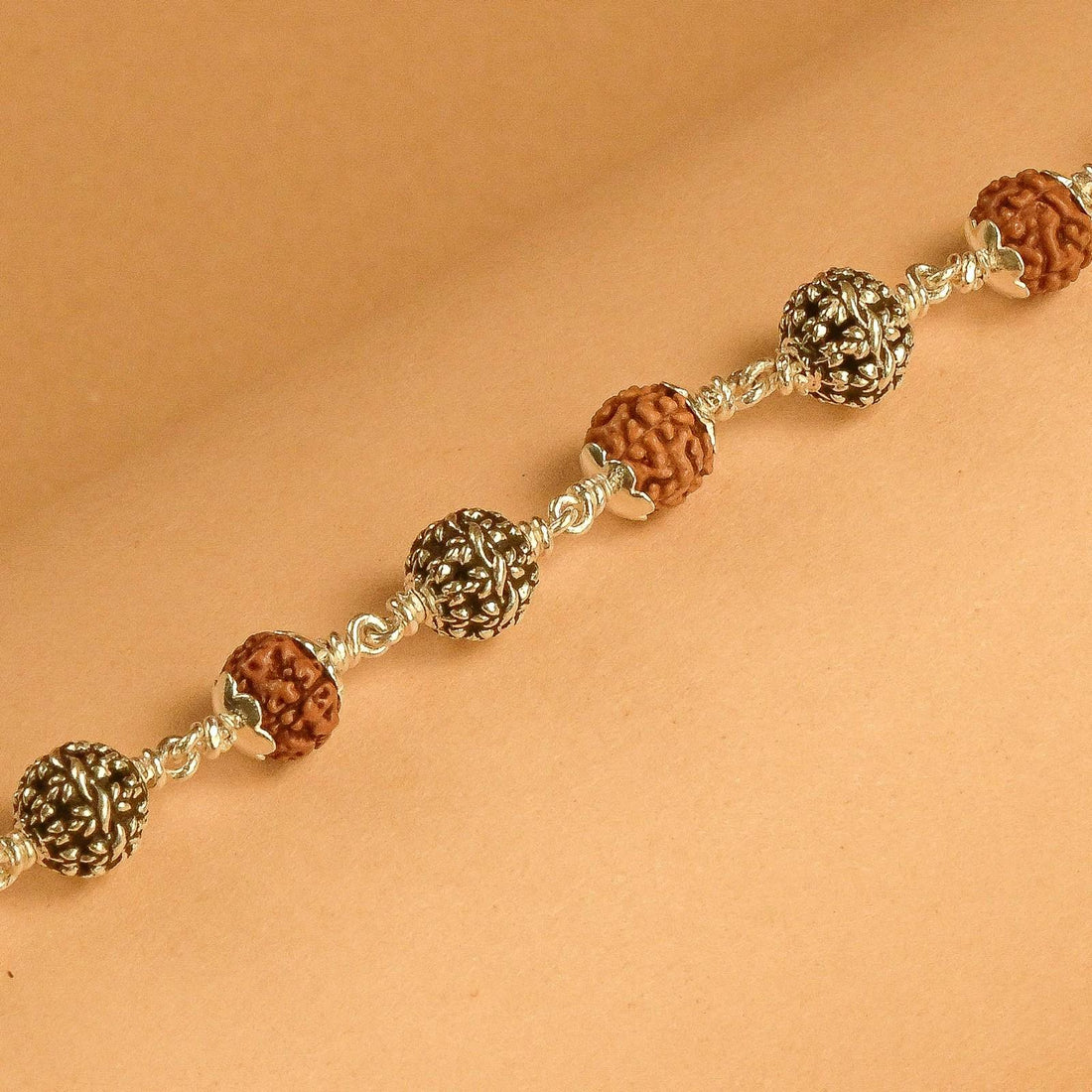 Rudraksha with Flower Silver Beads Bracelet