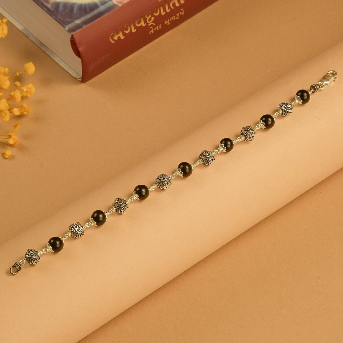 Karungali With Hexagone Om Beads Silver Bracelet