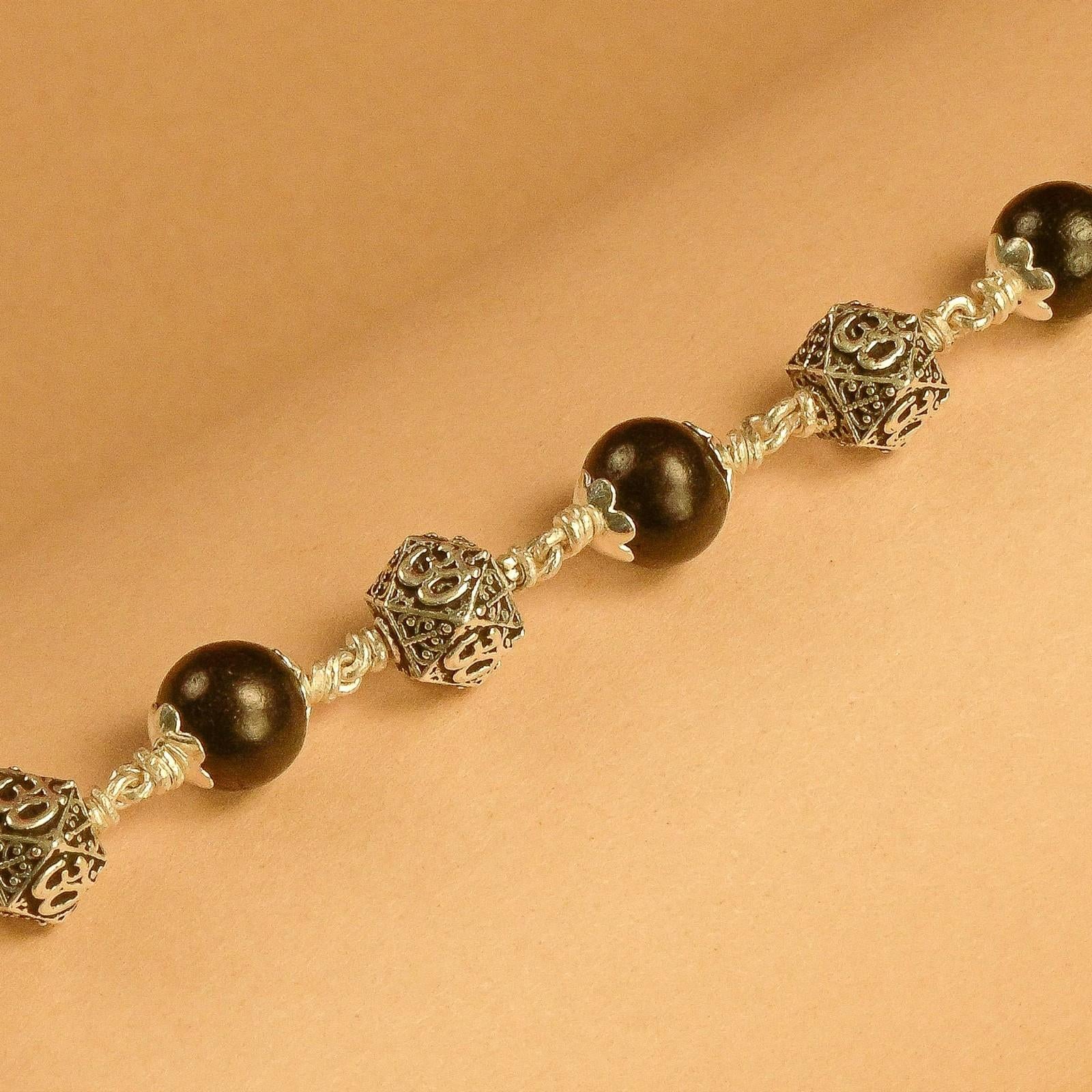 Karungali With Hexagone Om Beads Silver Bracelet