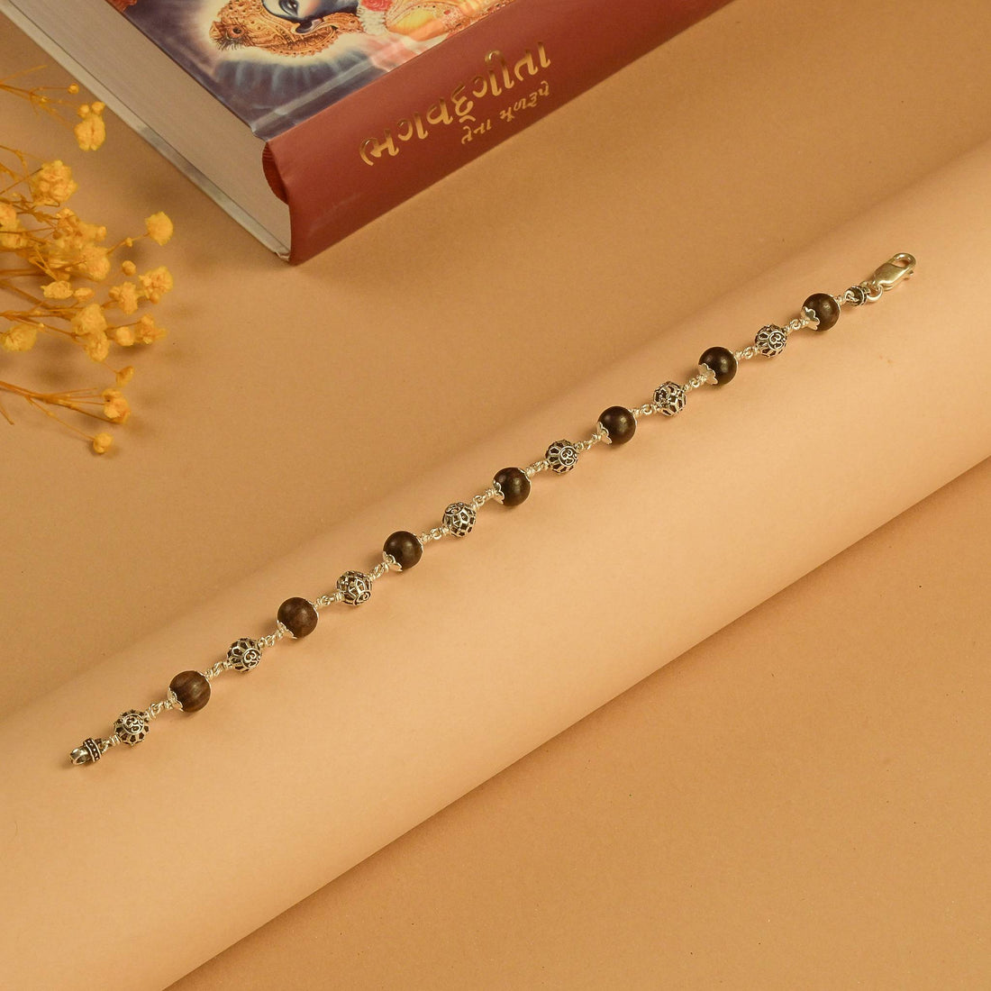 Karungali With Round Om Beads Silver  Bracelet