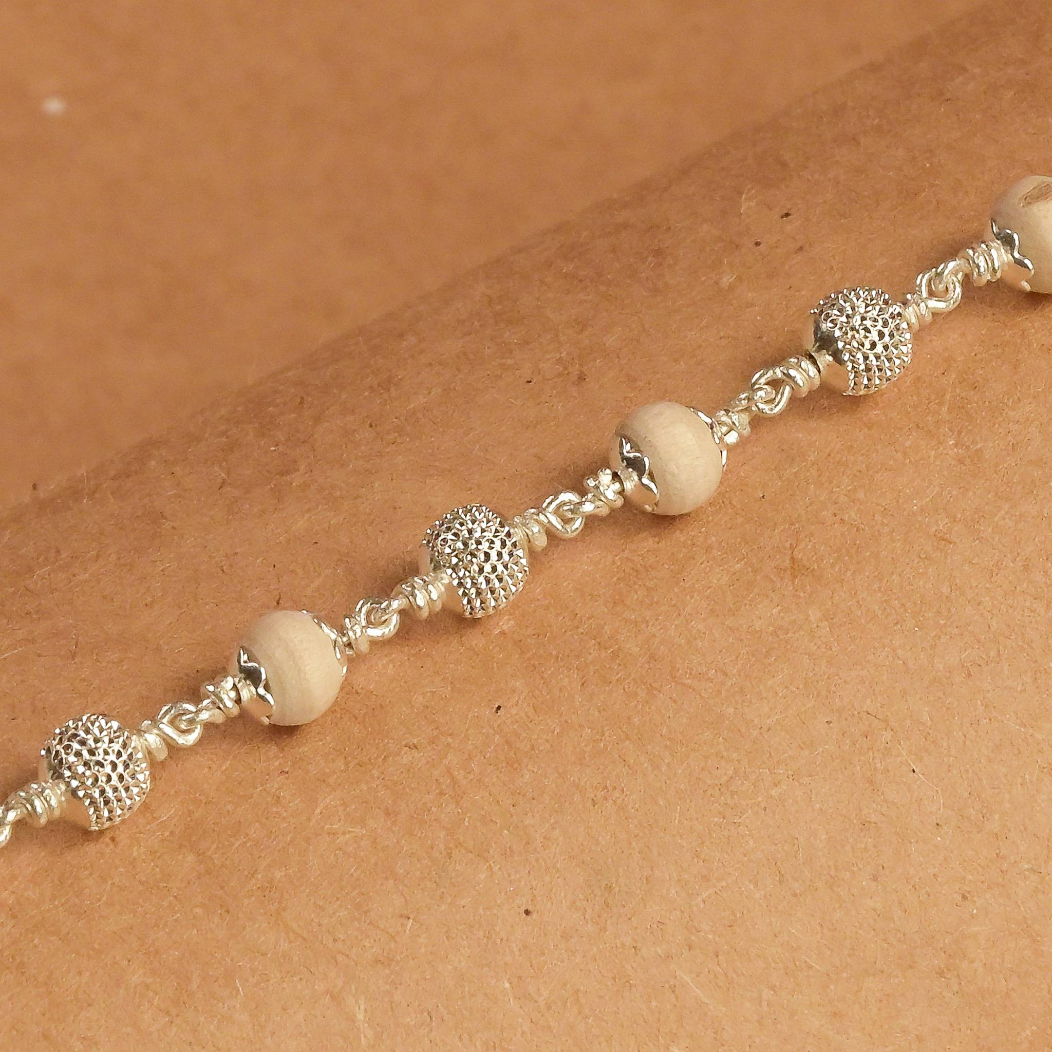 Tulsi With CNC Beads Silver Bracelet 7-8 MM 