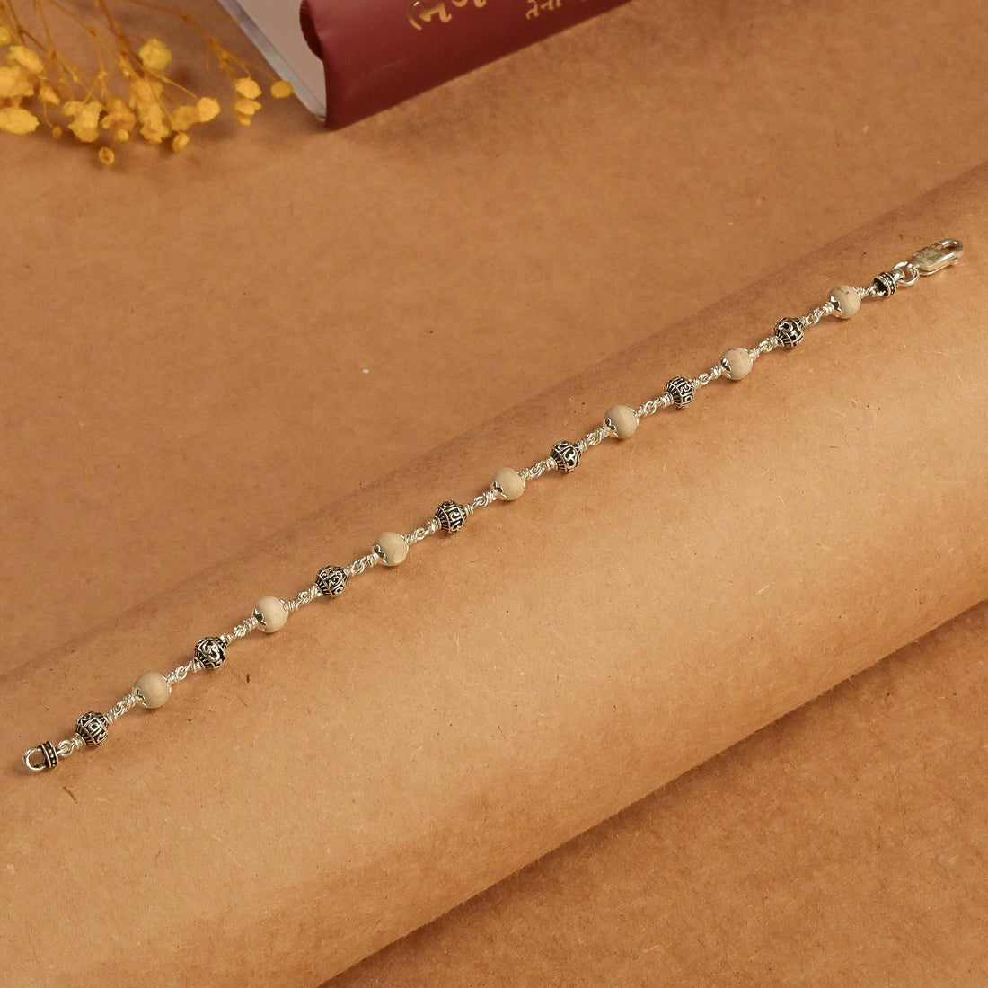 5-6 MM Tulsi With Silver Om Namah Shivay Beads Bracelet