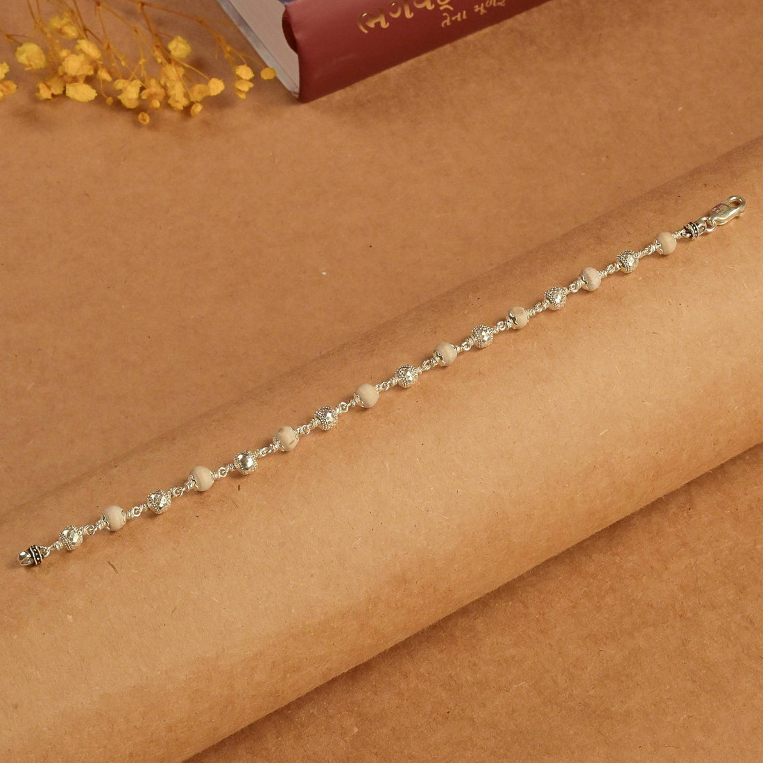Pure Natural Tulsi With CNC Beads Silver Bracelet