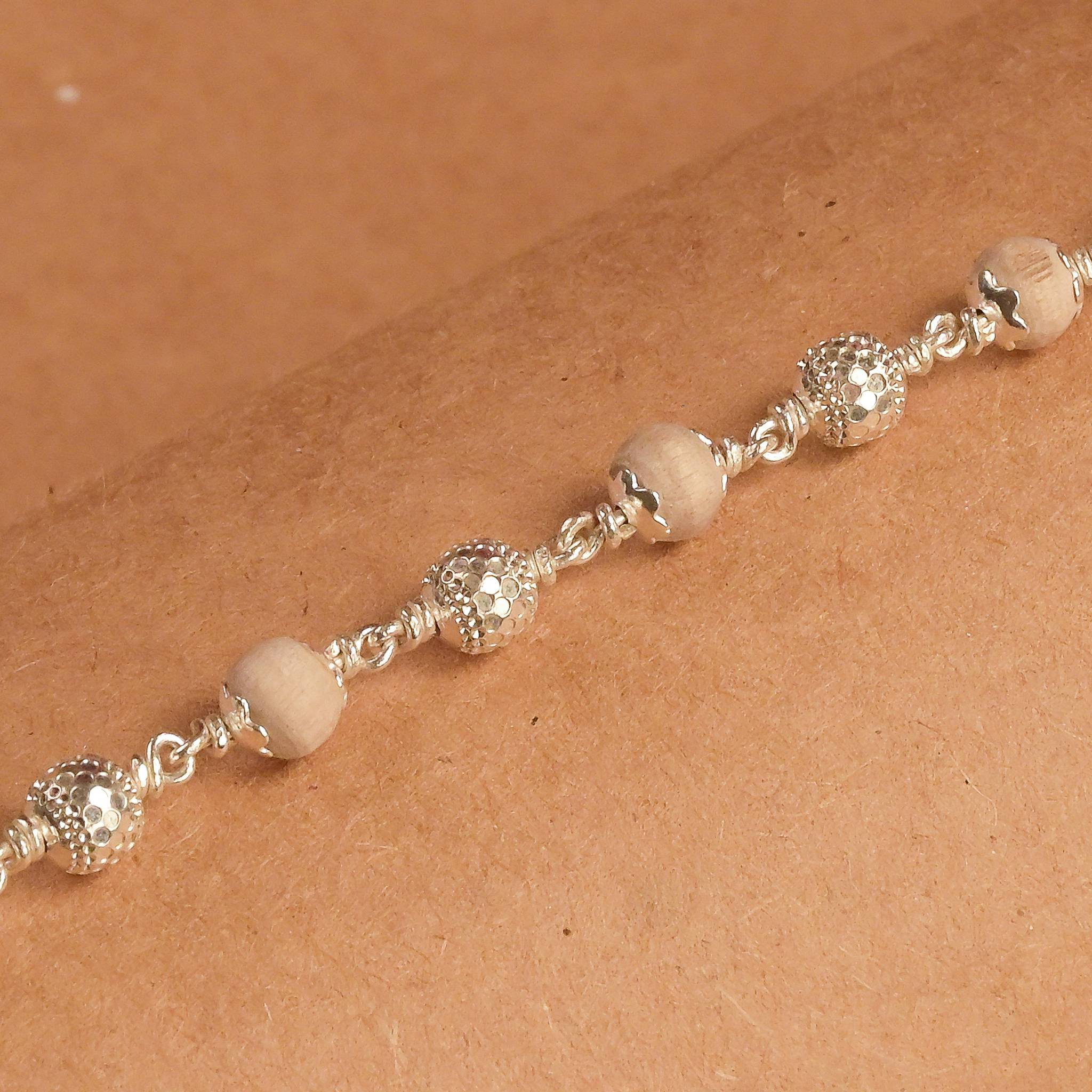 Natural Tulsi With CNC Beads Silver Bracelet