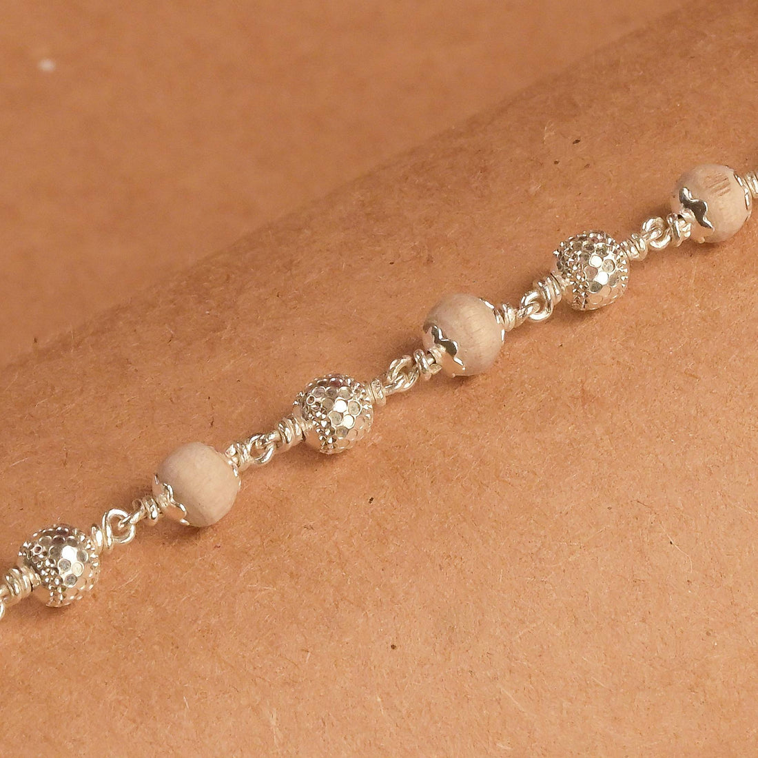 Natural Tulsi With CNC Beads Silver Bracelet