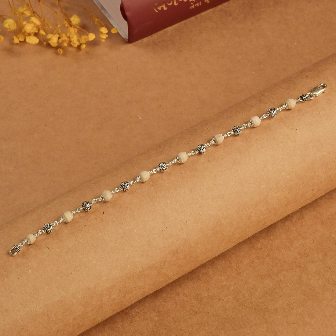5-6  MM Tulsi With Silver Om Beads Bracelet