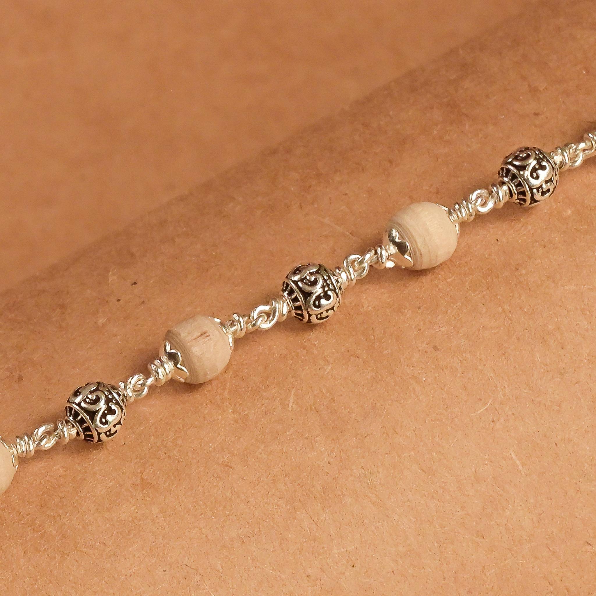 5-6  MM Tulsi With Silver Om Beads Bracelet