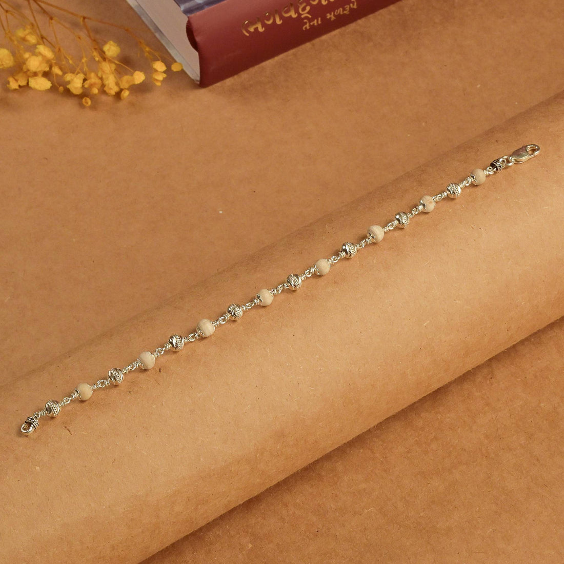 Pure Tulsi With Silver CNC Beads Bracelet