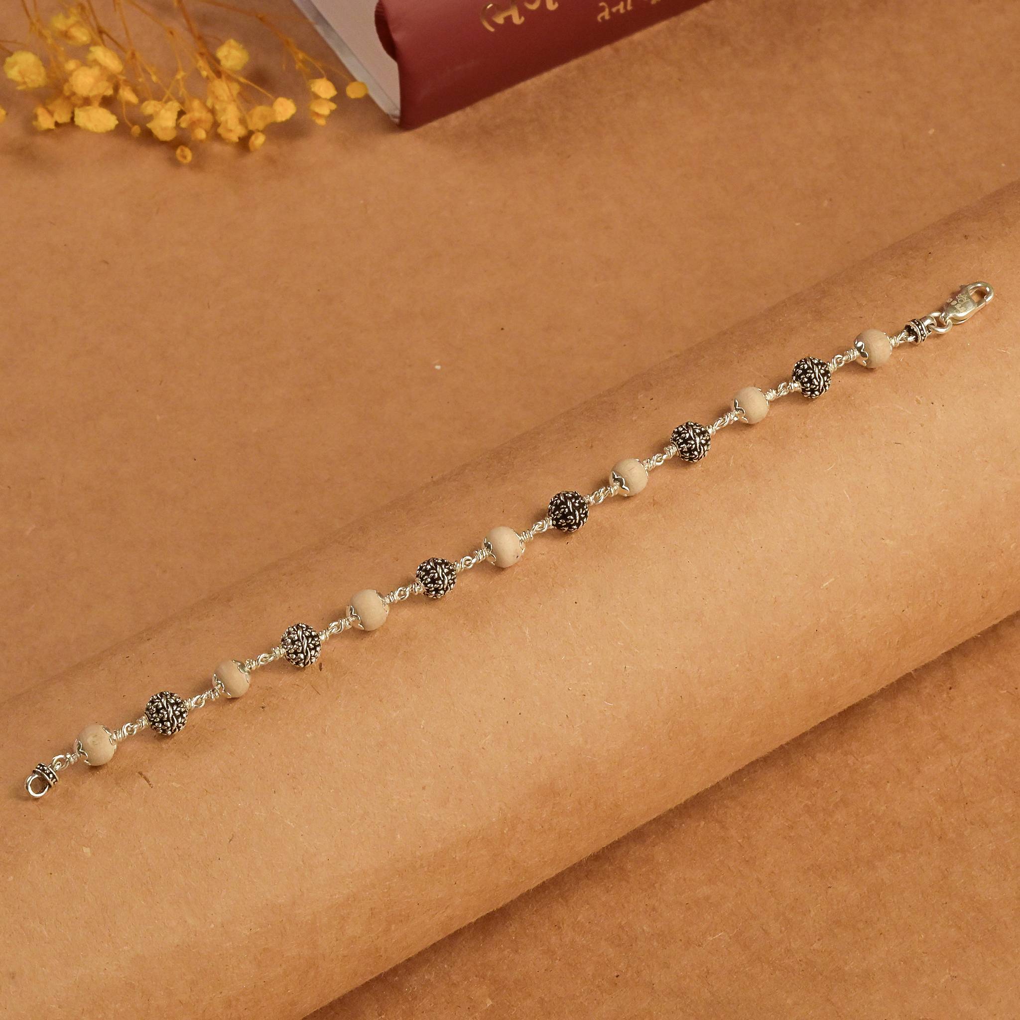Pure Tulsi With Flower Silver Beads Bracelet