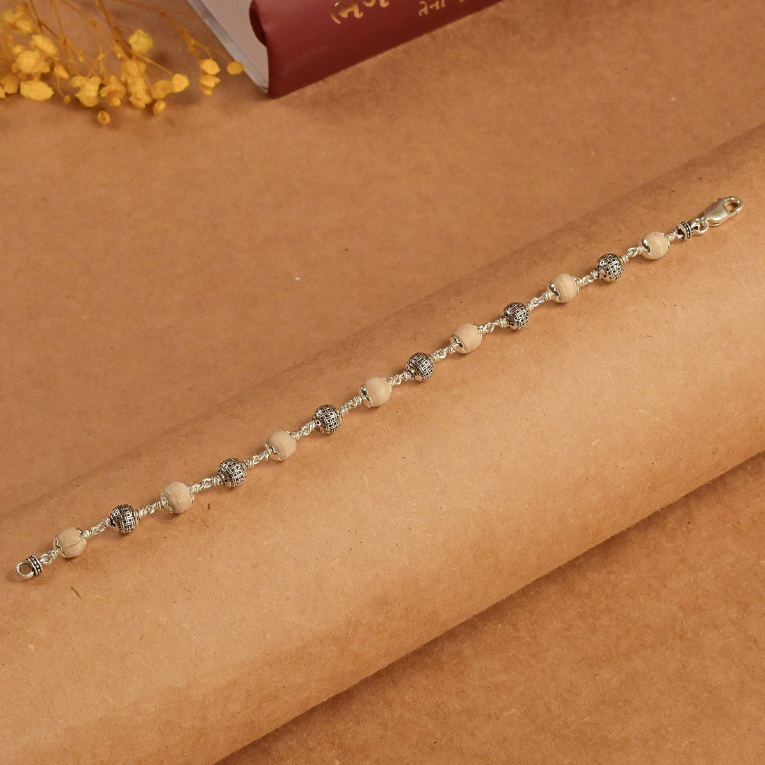 Tulsi with Silver Textured Round Beads Bracelet