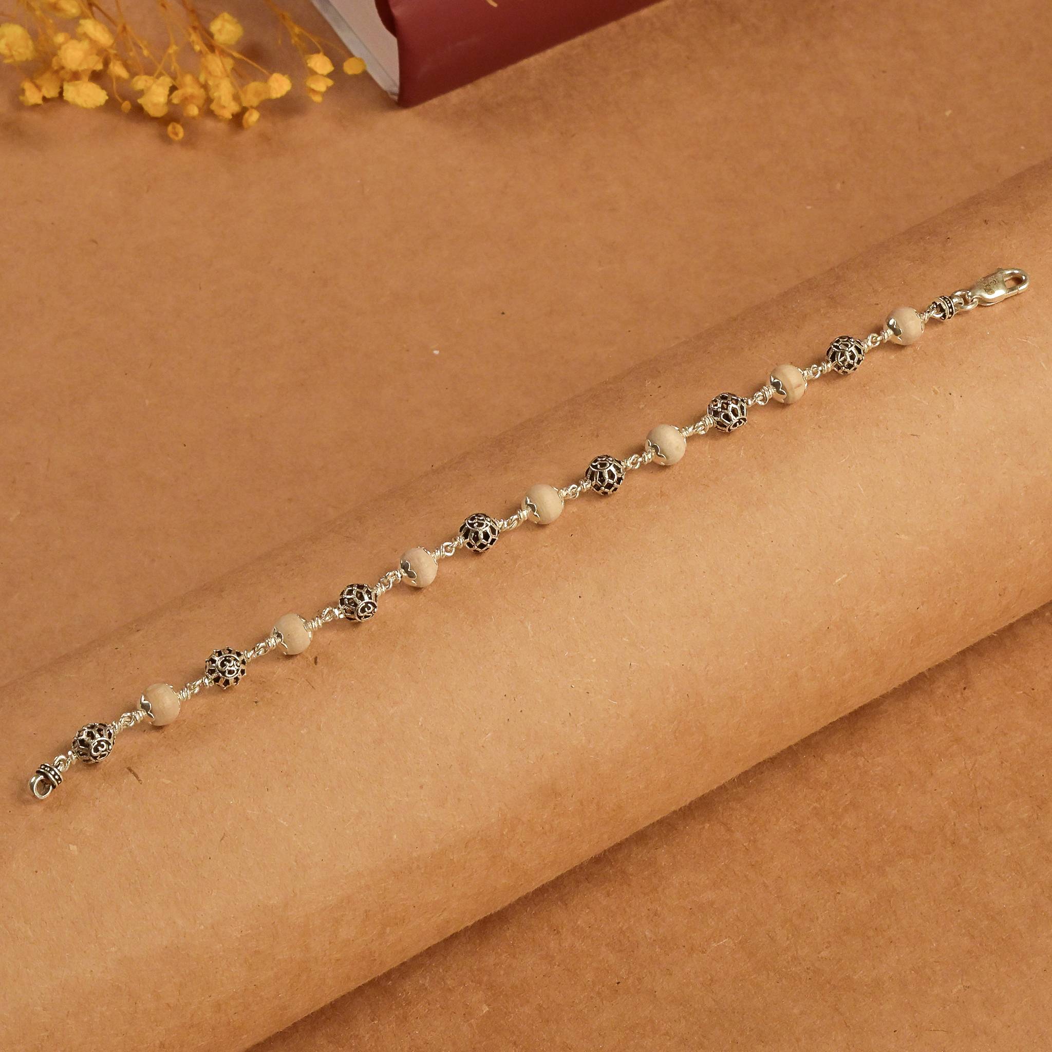Pure Tulsi with Round Om Beads Silver Bracelet