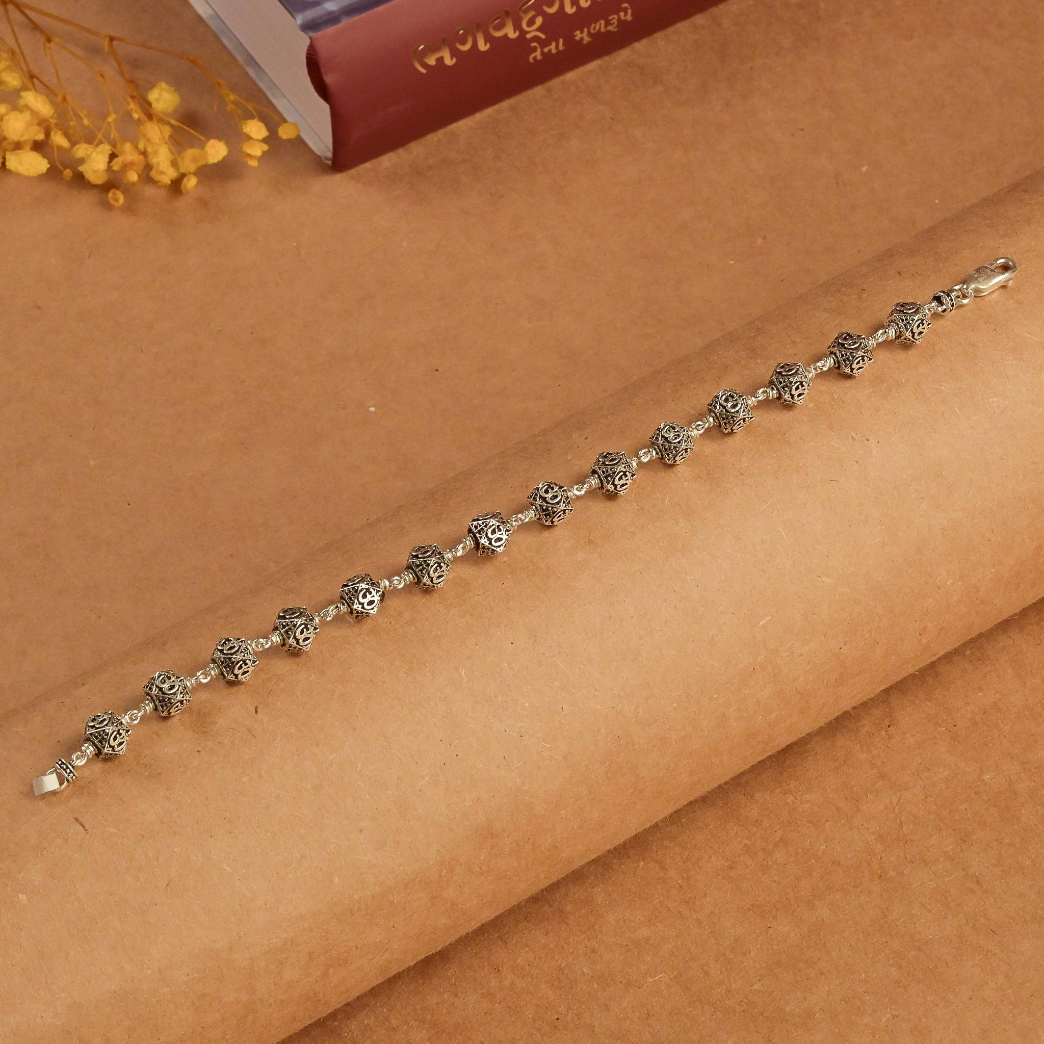 Hexagon Om Silver Beads Bracelet