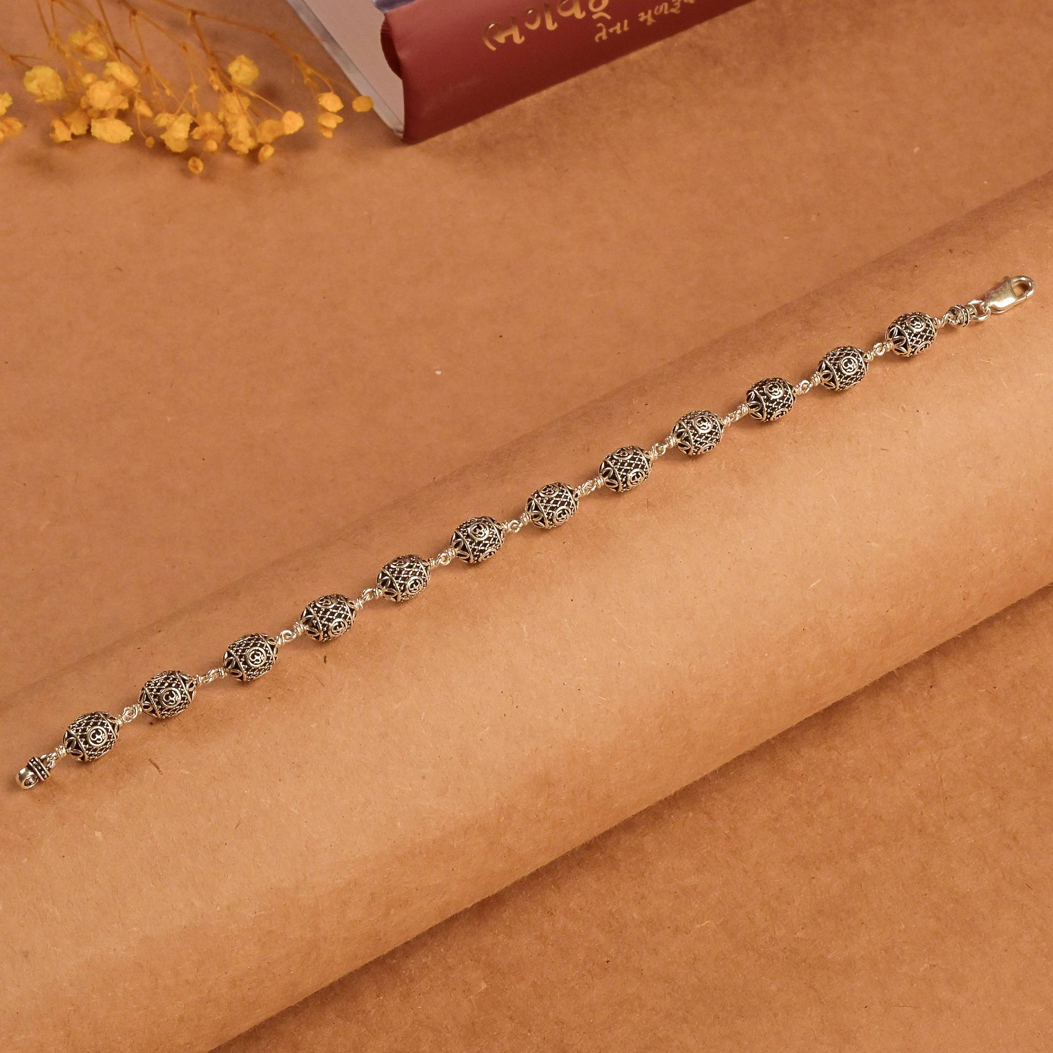 Oval Om Silver Beads Bracelet