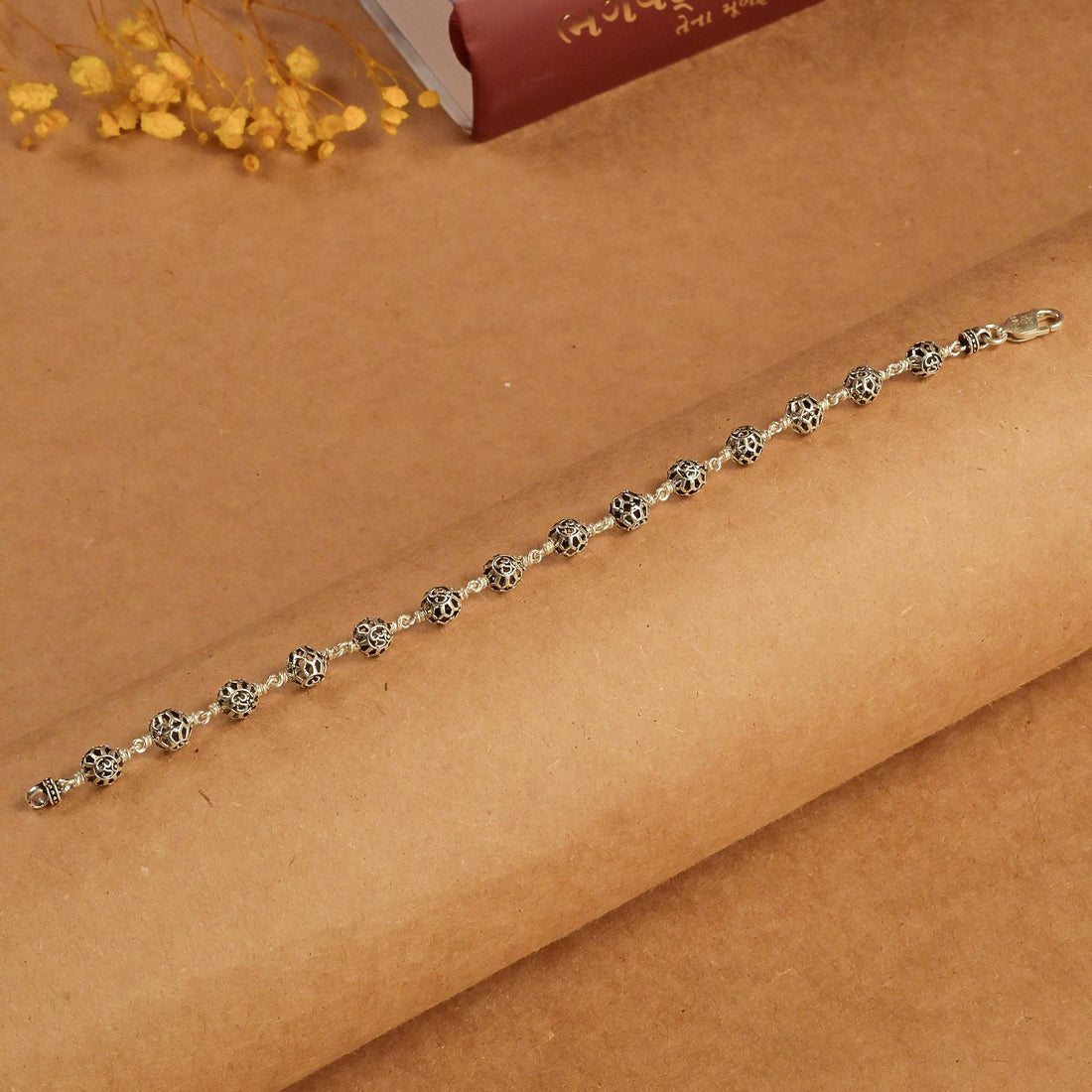 Round Om Beads Silver Bracelet