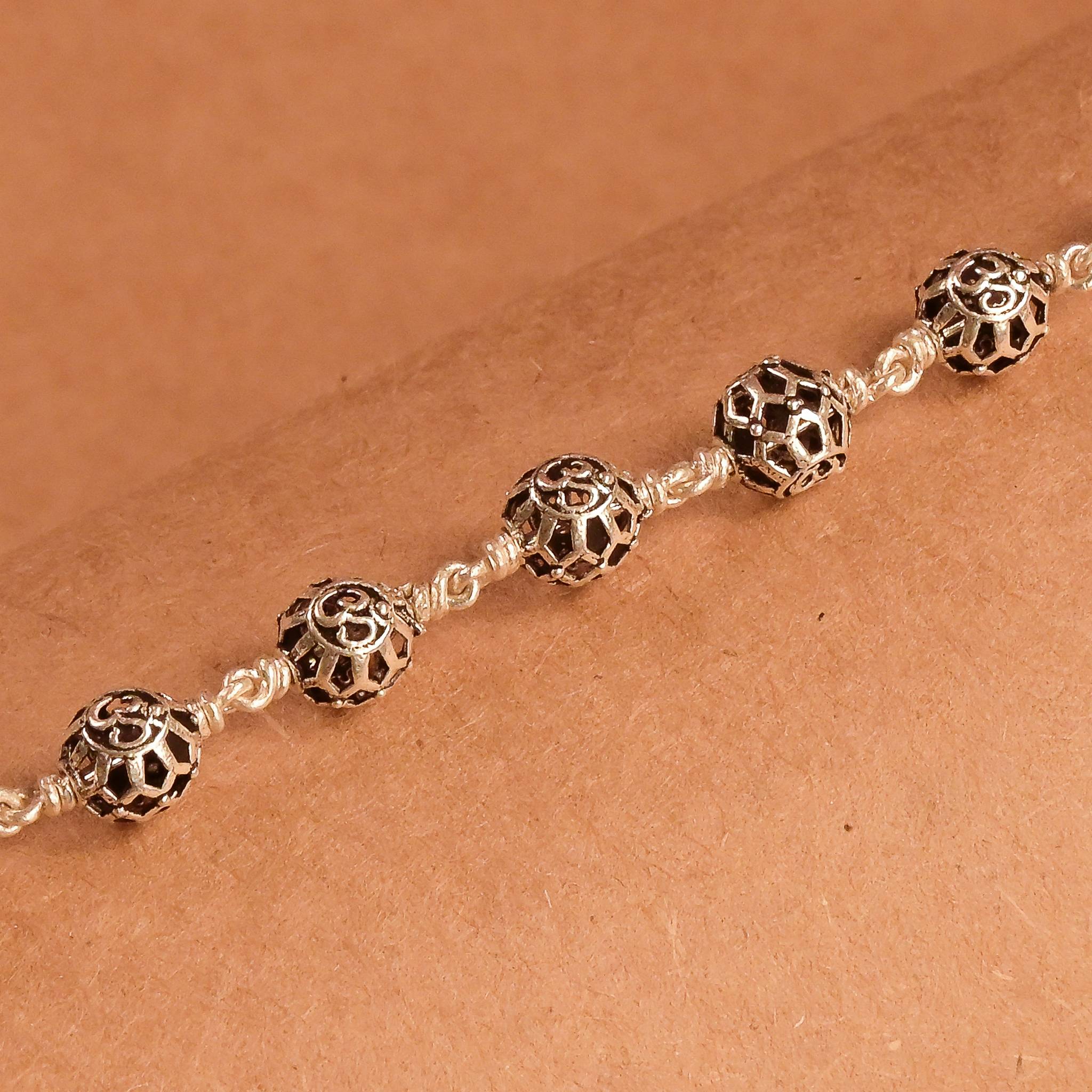 Round Om Beads Silver Bracelet