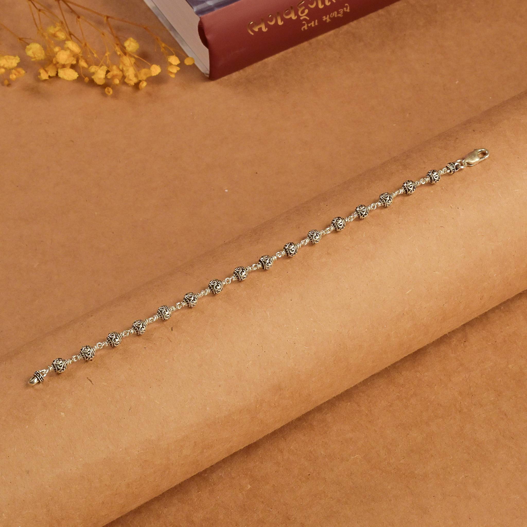 5-6 mm Om Silver Beads Bracelet