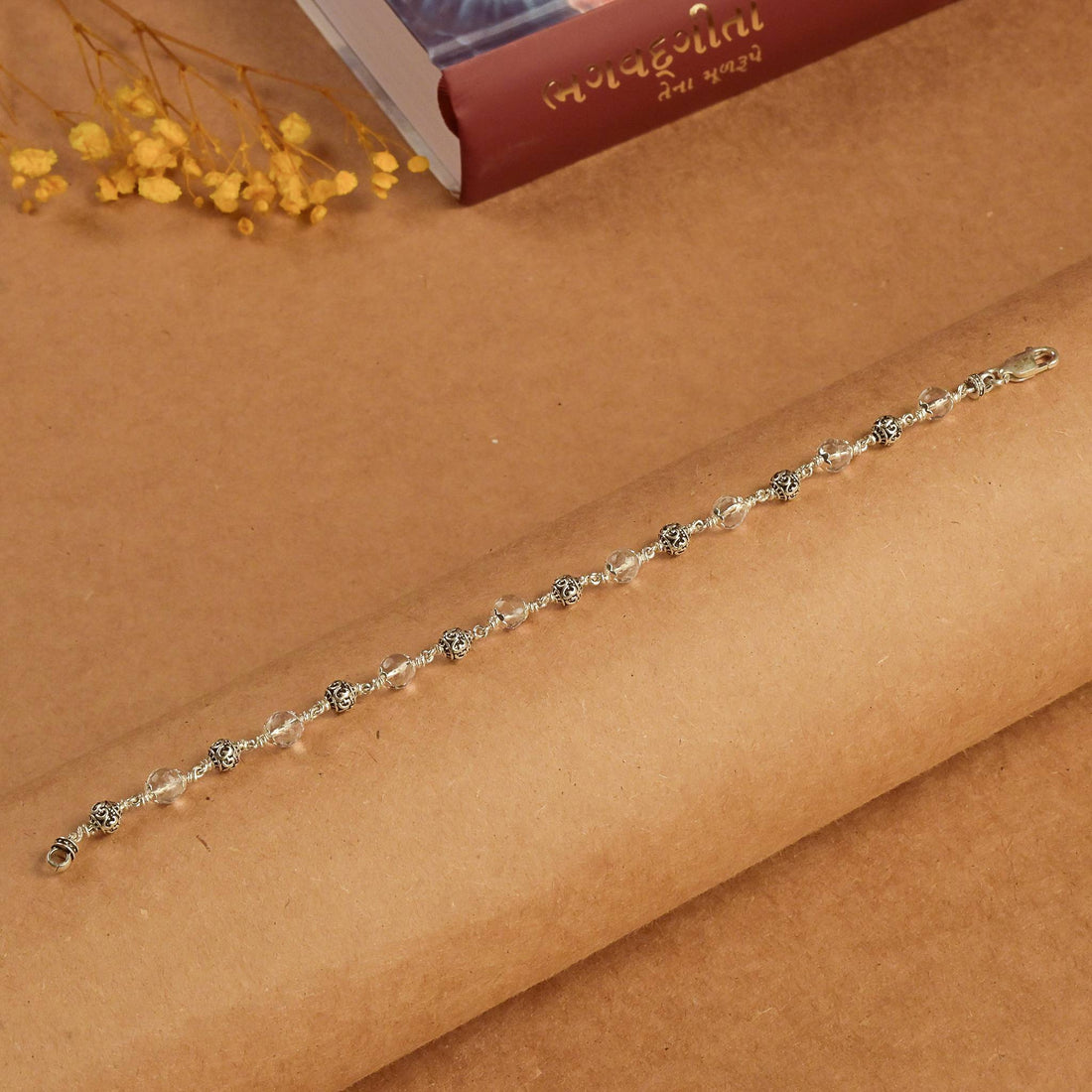 5-6 mm Sphatik Diamond Cut Beads With Om Silver Beads Bracelet