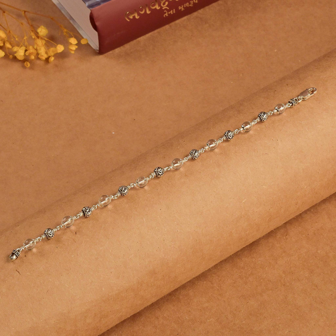 5-6 MM Sphatik with Om Silver Beads Bracelet