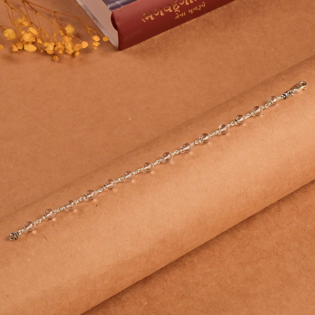 5-6 MM Sphatik Beads Silver Bracelet