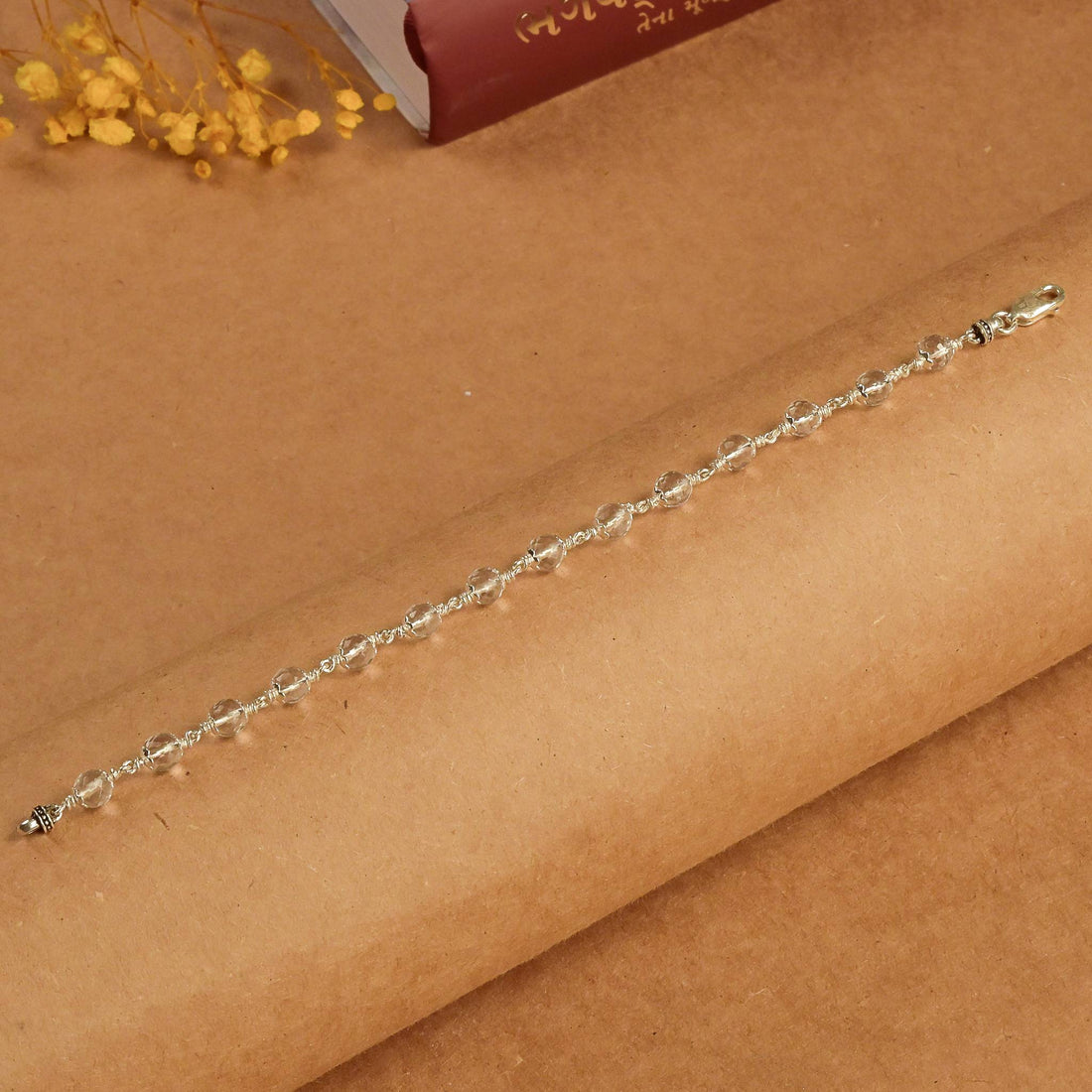 5-6 MM Sphatik Diamond Cut Beads Silver Bracelet