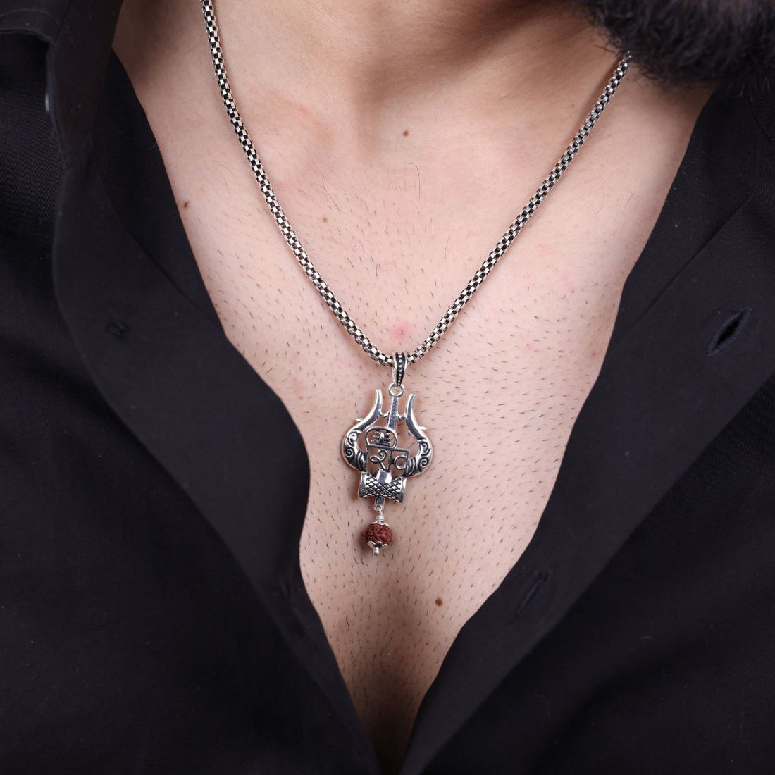 Authentic Shiva Trishul Damru with Rudraksha Silver Pendant